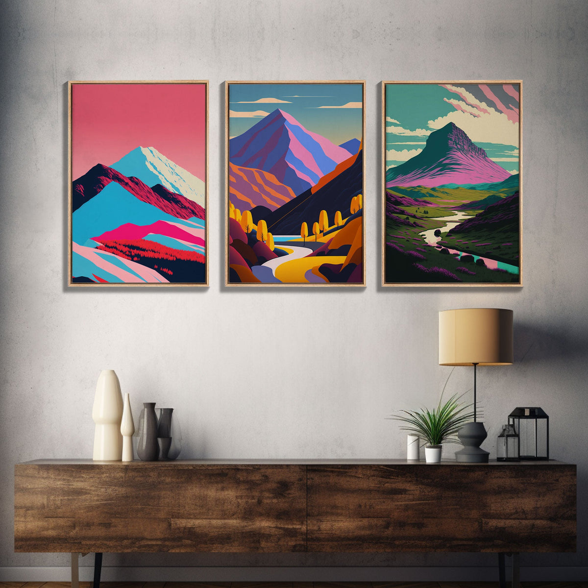 Minimalist Midcentury Wall Art, Framed Canvas Prints, 3 Piece Wall Art