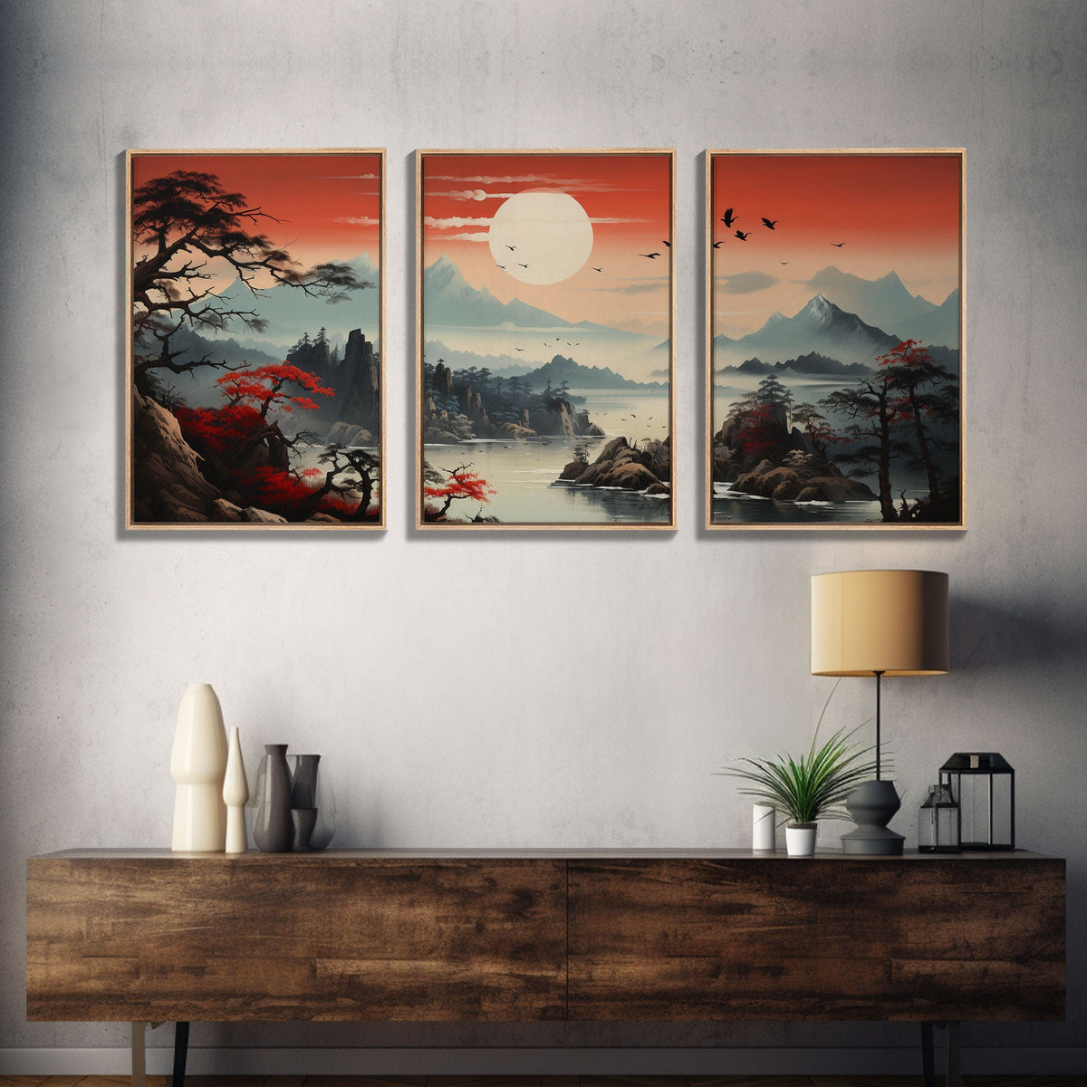 Japanese Wall Art, Mountains Print, Canvas Print, 3 Piece