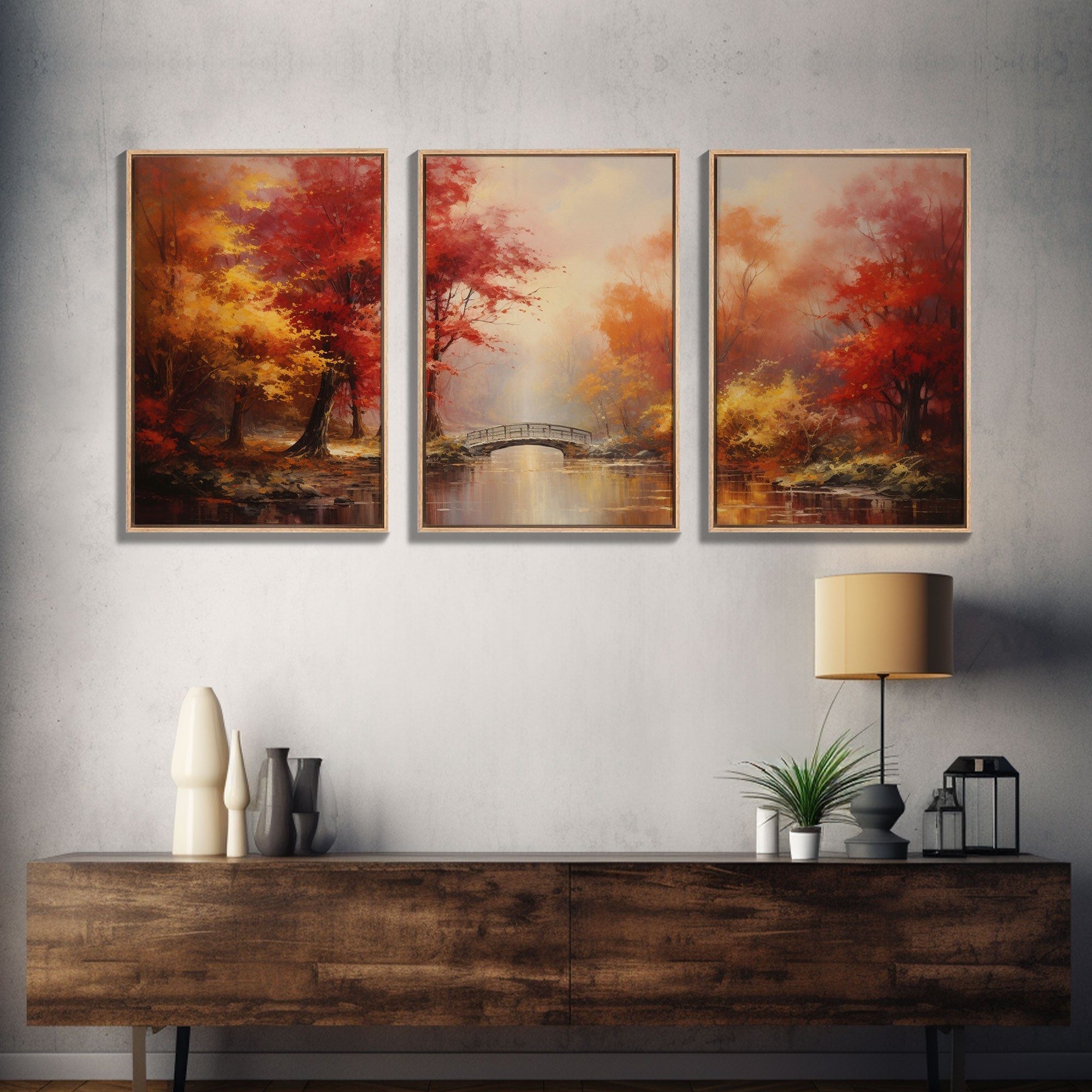 Fall Decor, 3 Piece Wall Art Set, Autumn Forest Oil Painting, Canvas Prints