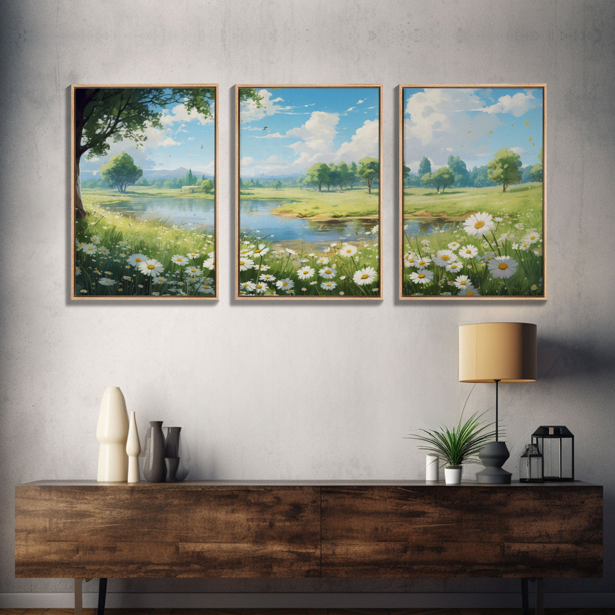 Beautiful Spring Meadow Landscape Painting 3 Piece Set, Wall Art