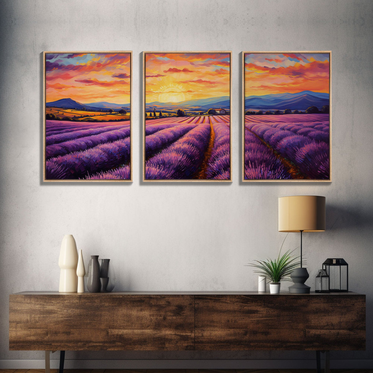 Purple Lavender Fields, 3 Piece Wall Art, Framed Canvas Print