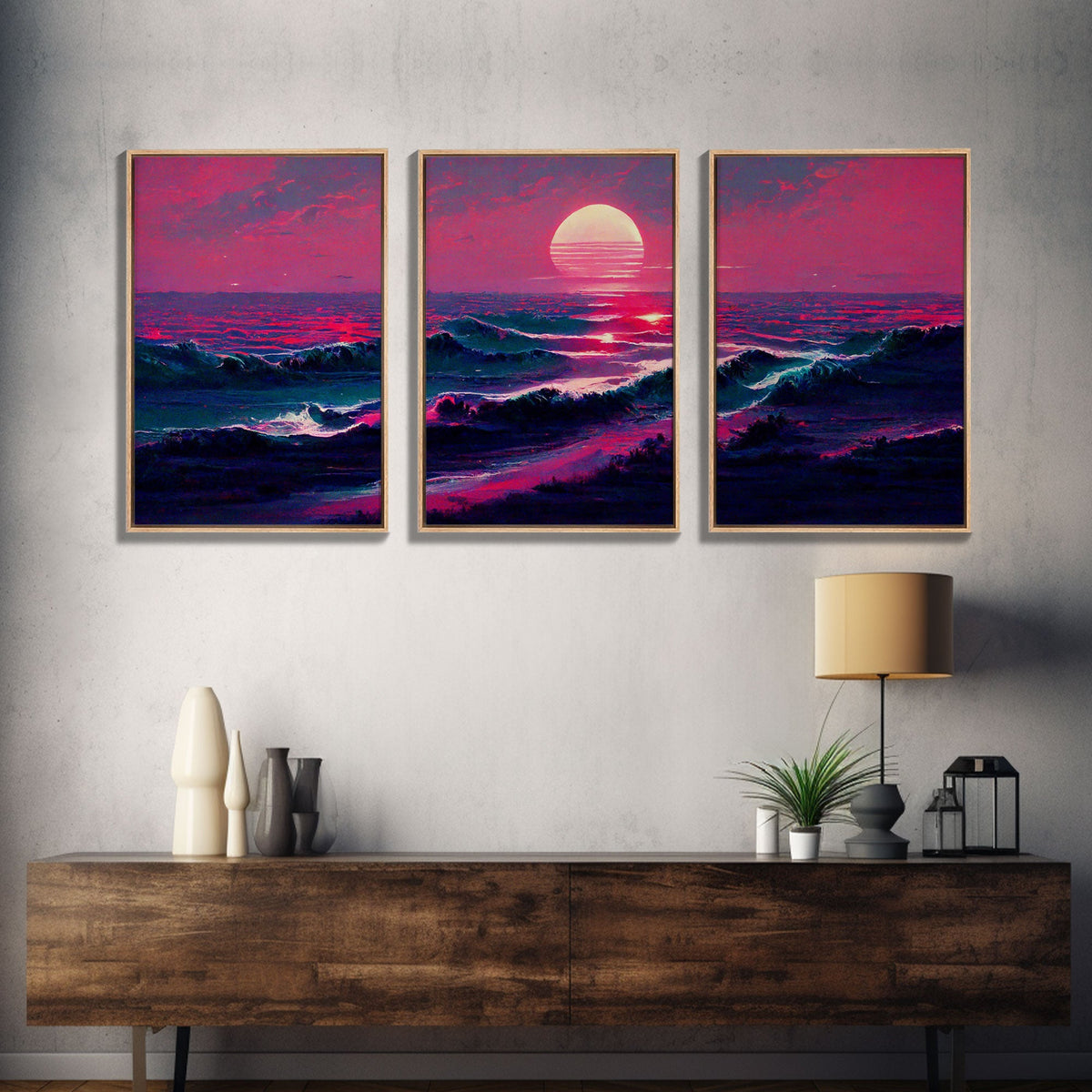 Outrun Style Synthwave Sunset Ocean Waves, 3 Piece Canvas Print