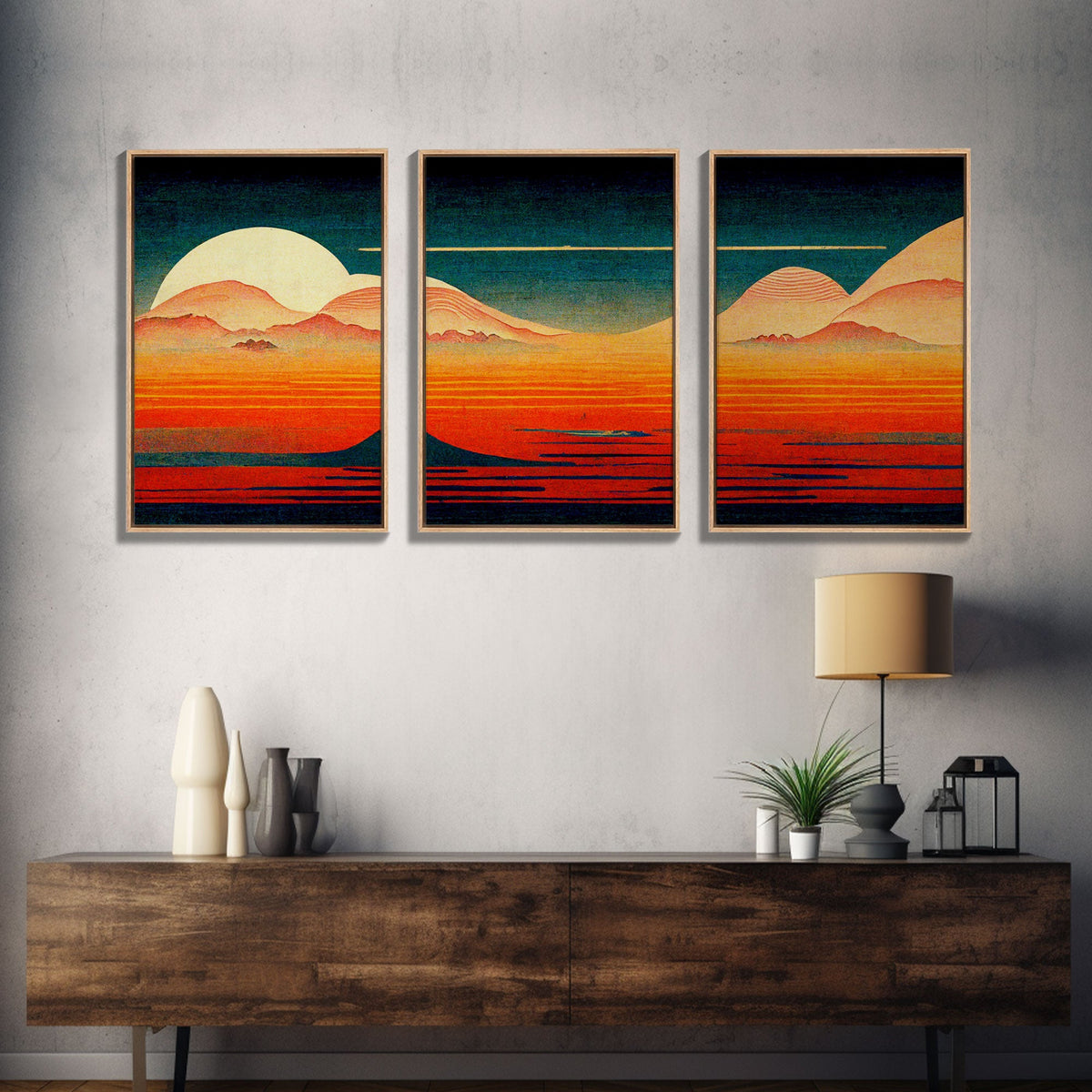 Retro Japanese Style Sunset Art, 3 Piece Wall Art, Canvas Print