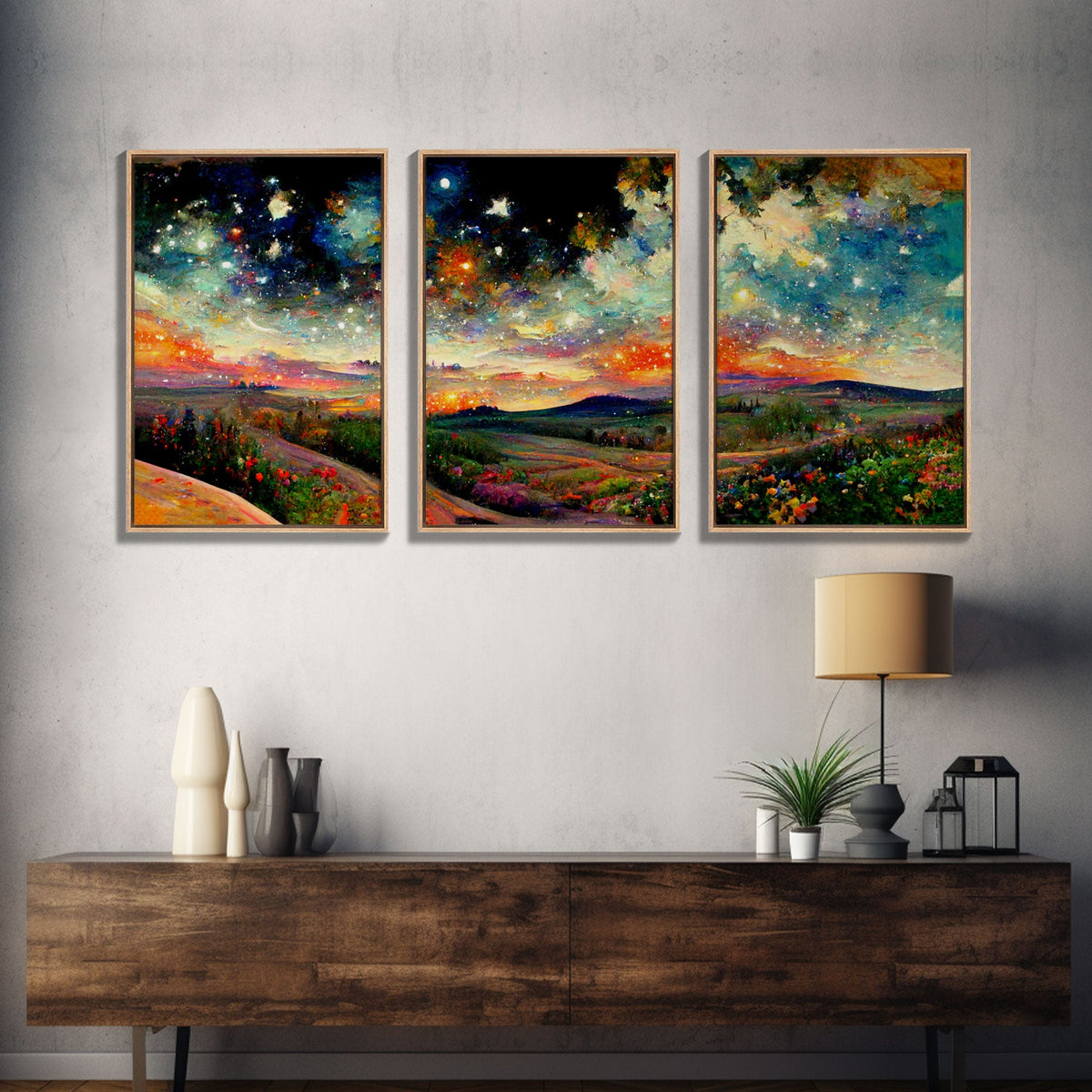 Night Starry Sky Landscape, 3 Piece Wall Art, Ready To Hang Canvas Print