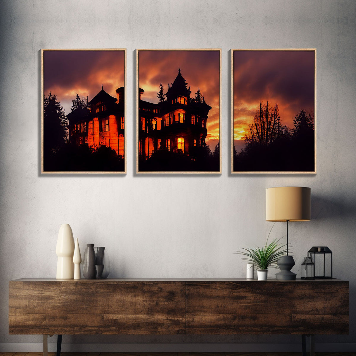 3 Piece Canvas Wall Decor, Victorian Style Haunted House