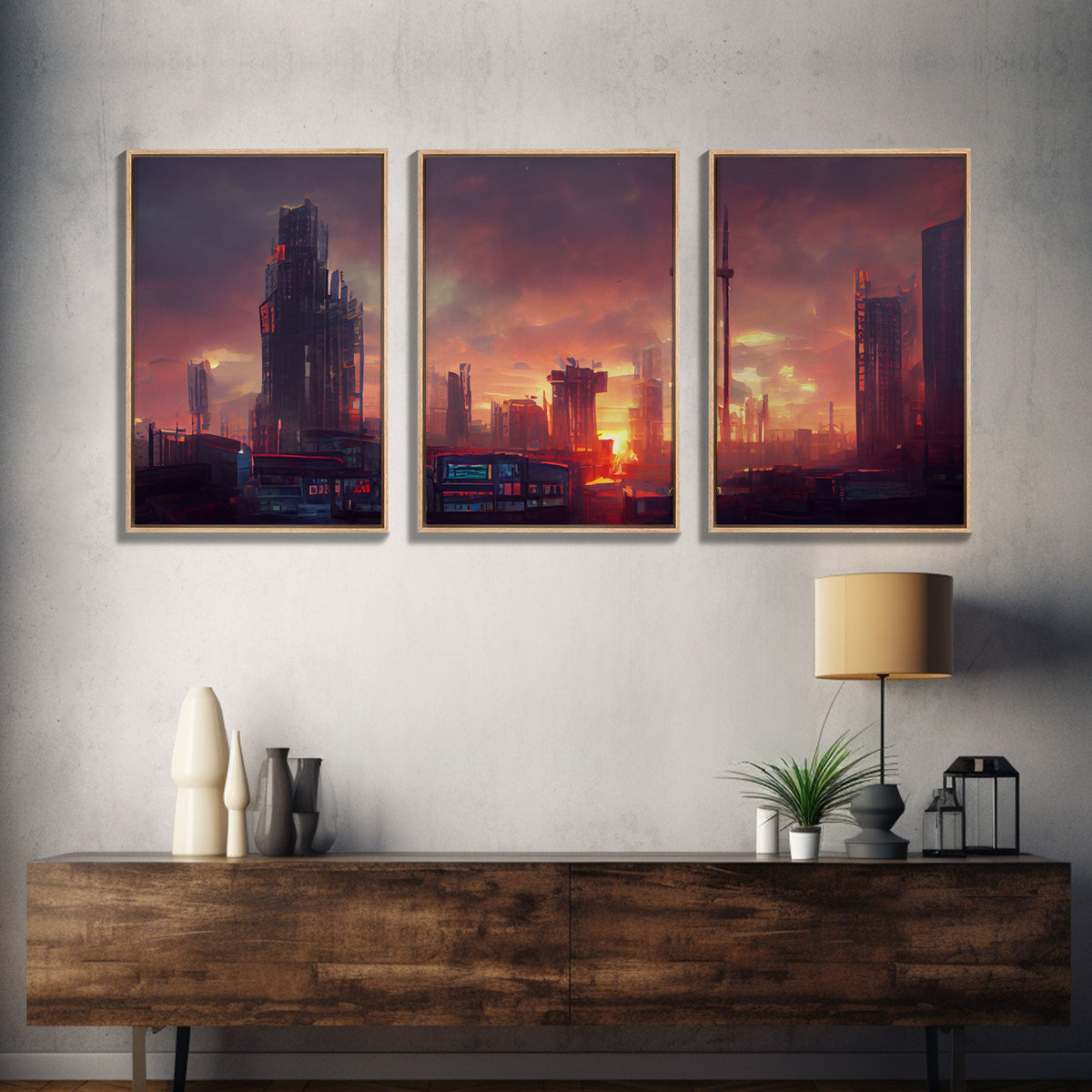 Cyberpunk City, 3 Piece Wall Art, Canvas Print