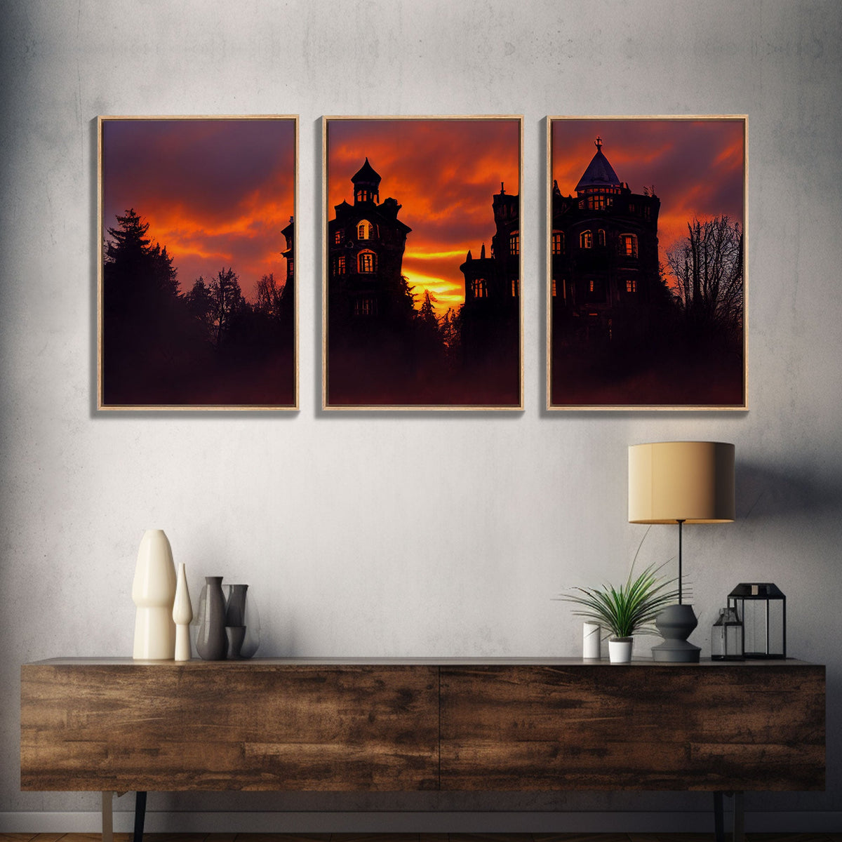 3 Piece Canvas Wall Decor, Victorian Style Haunted House