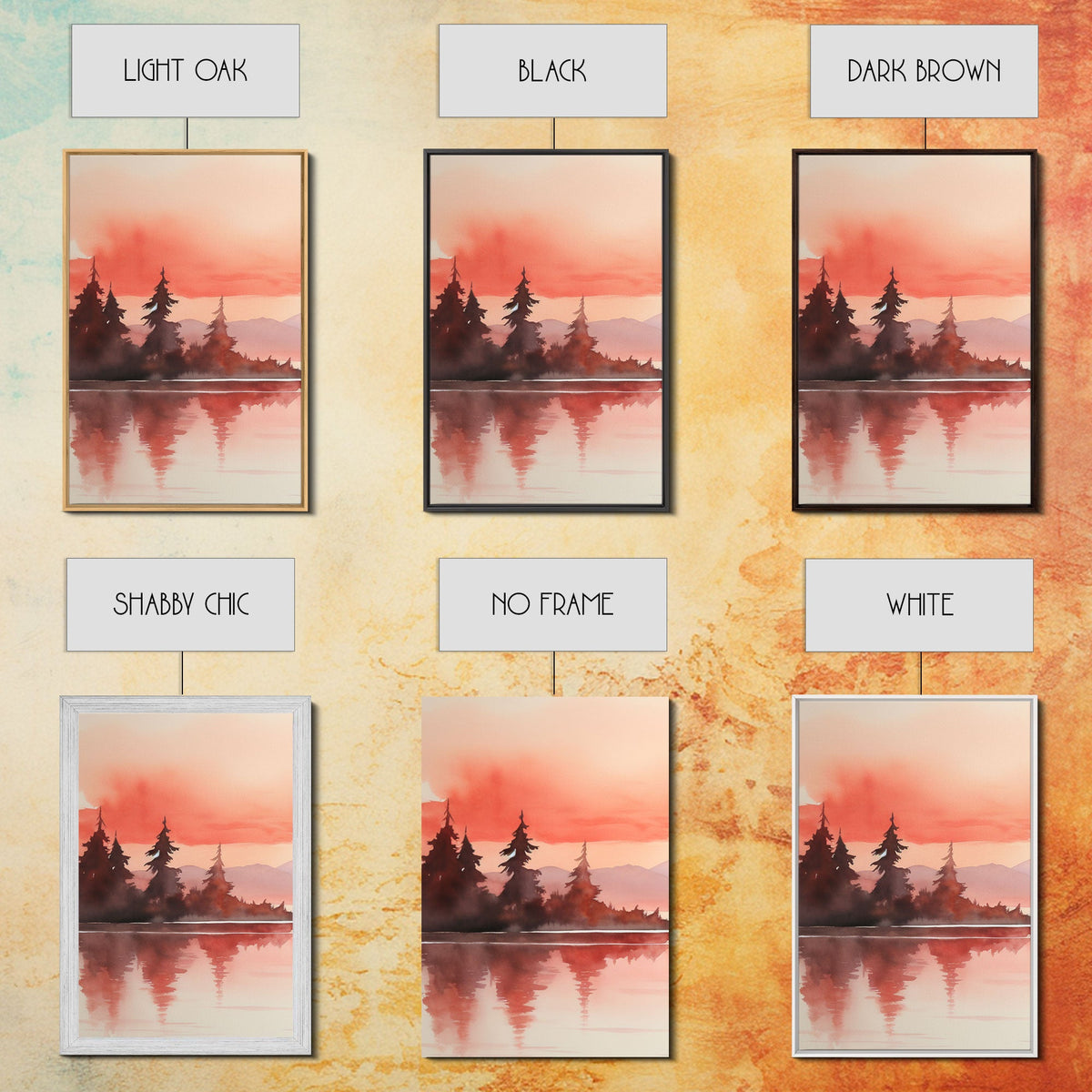 Beautiful Red Lake Sunset 3 Piece Framed Canvas Print Set