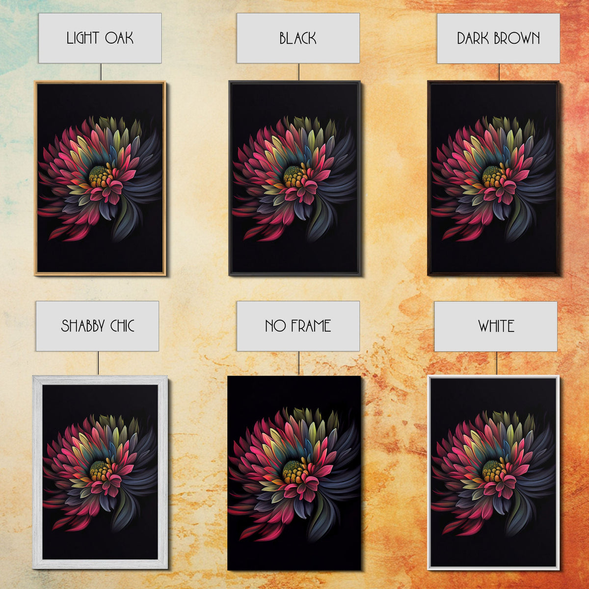 Triptych 3 Panel Wall Art - Framed Canvas Prints - Retro Style Flower Paintings