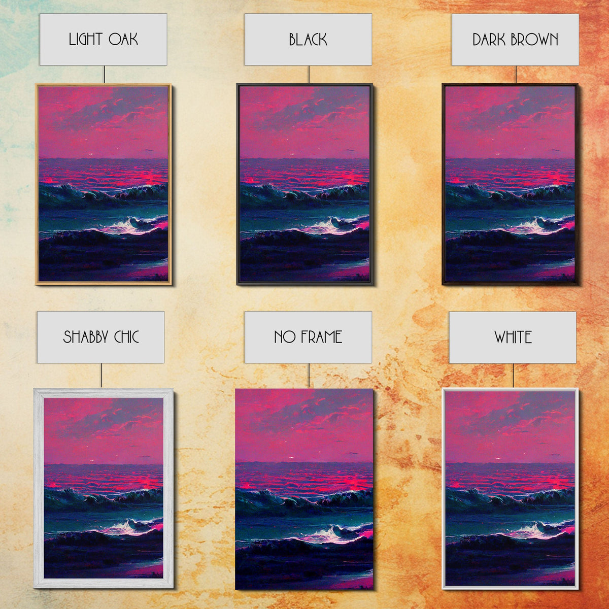 Outrun Style Synthwave Sunset Ocean Waves, 3 Piece Canvas Print