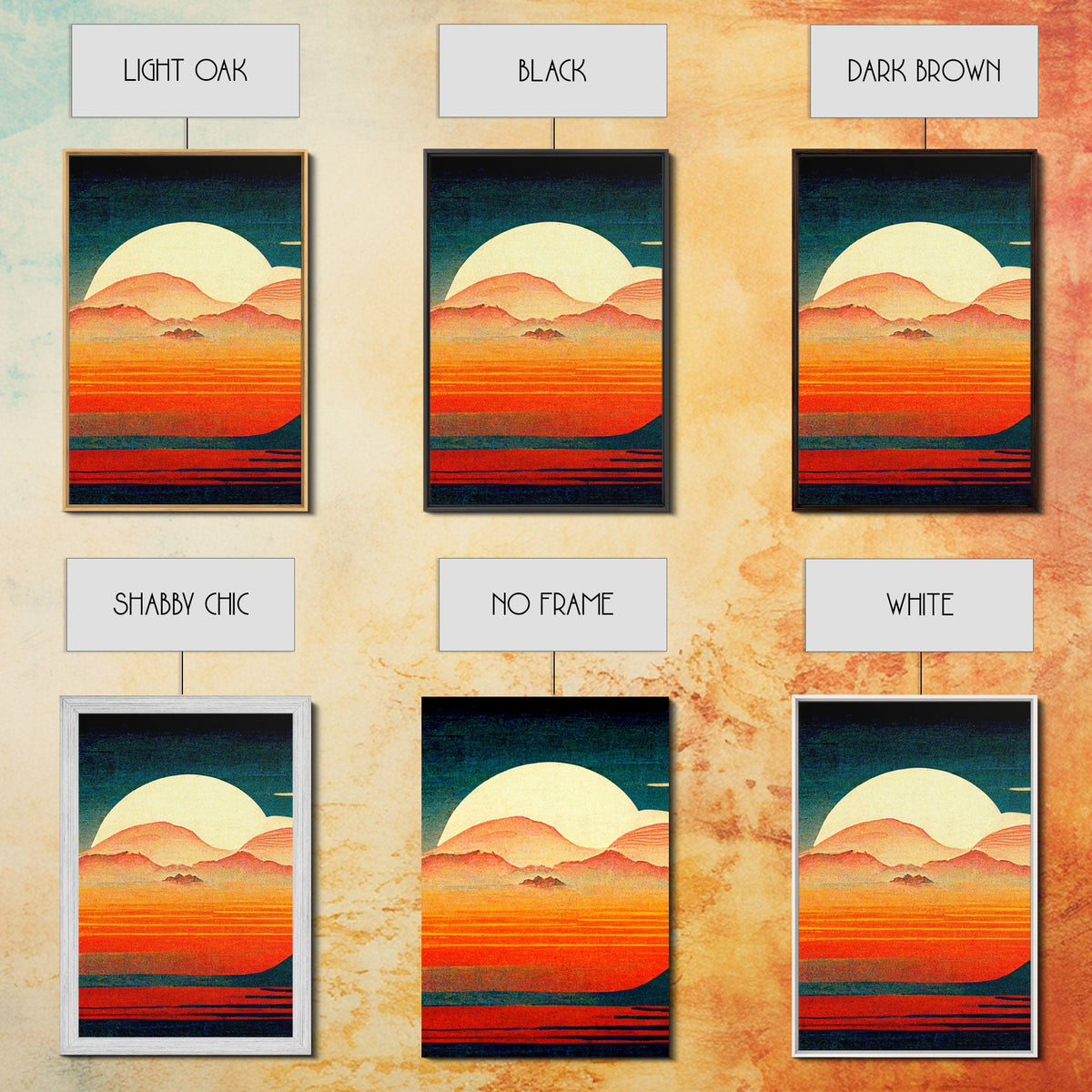 Retro Japanese Style Sunset Art, 3 Piece Wall Art, Canvas Print