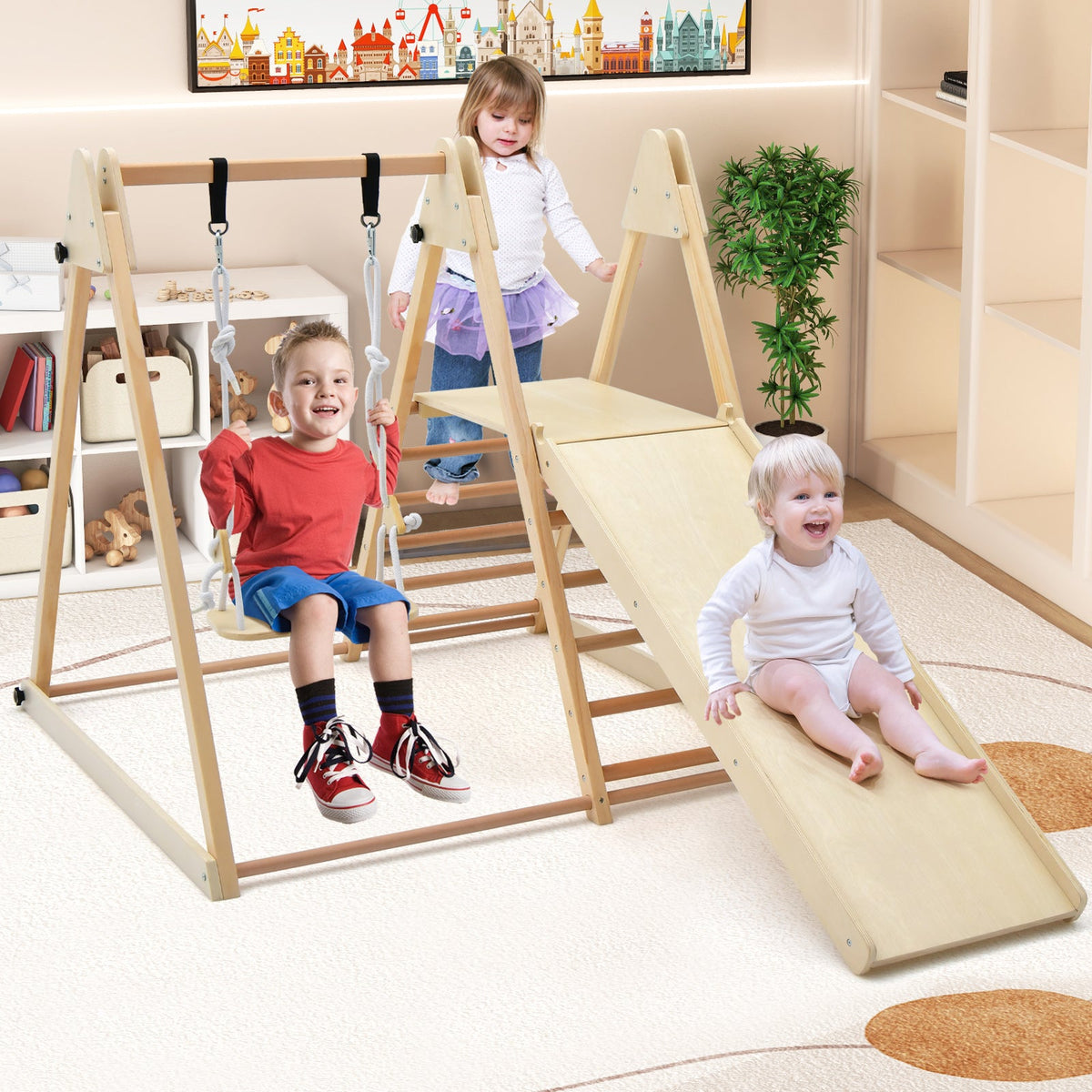 5-in-1 Indoor Jungle Gym Foldable Playset with Fun Slide and Adjustable Swing