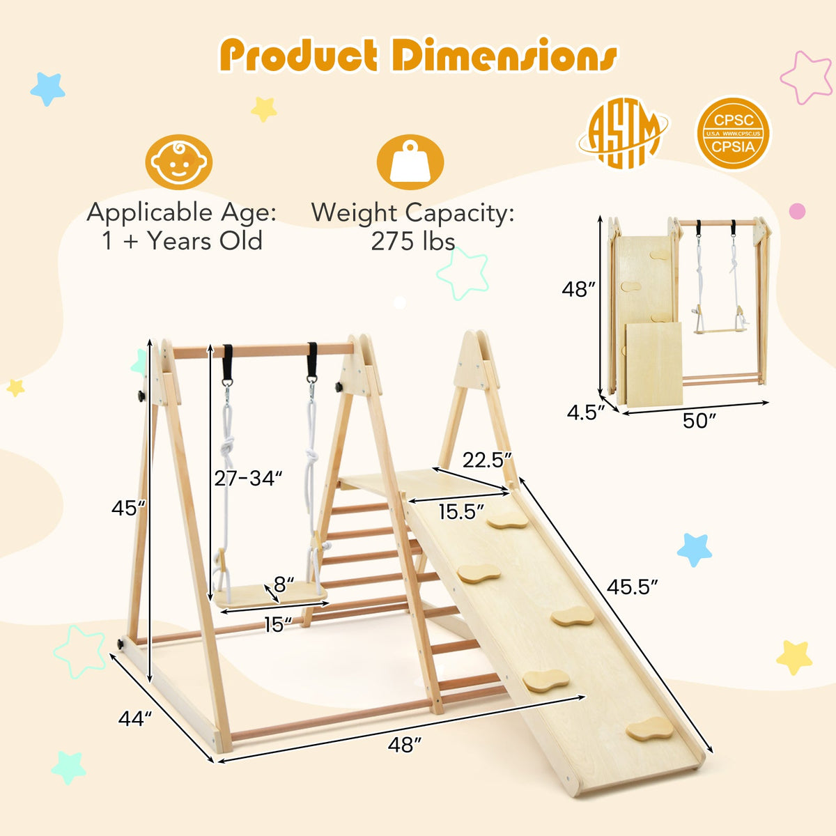 5-in-1 Indoor Jungle Gym Foldable Playset with Fun Slide and Adjustable Swing