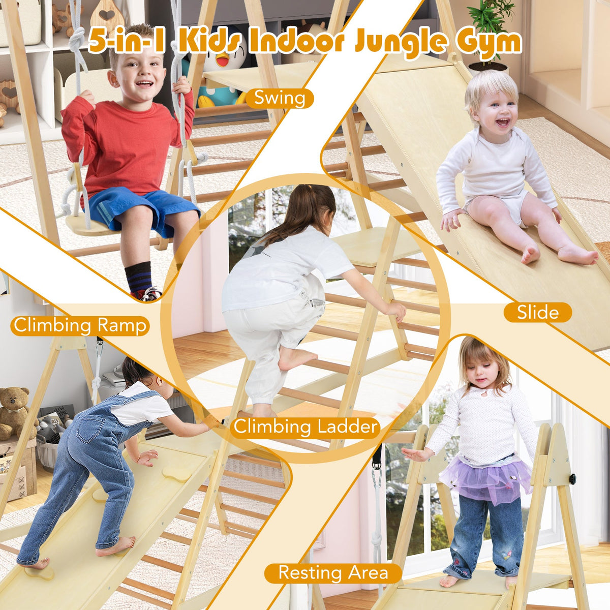 5-in-1 Indoor Jungle Gym Foldable Playset with Fun Slide and Adjustable Swing
