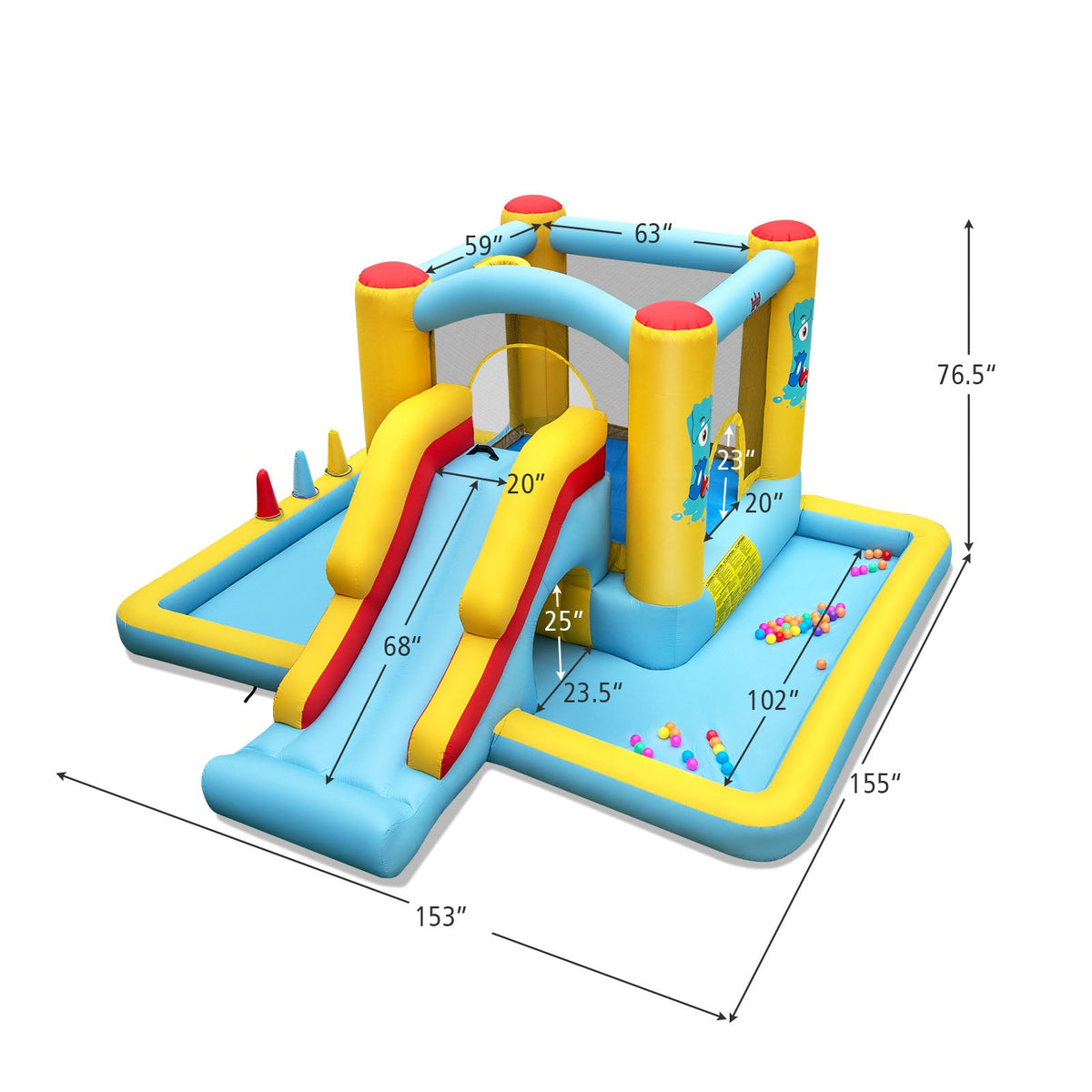Inflatable Bounce House 7-in-1 Bouncy Castle with Slide and Tunnel without Blower