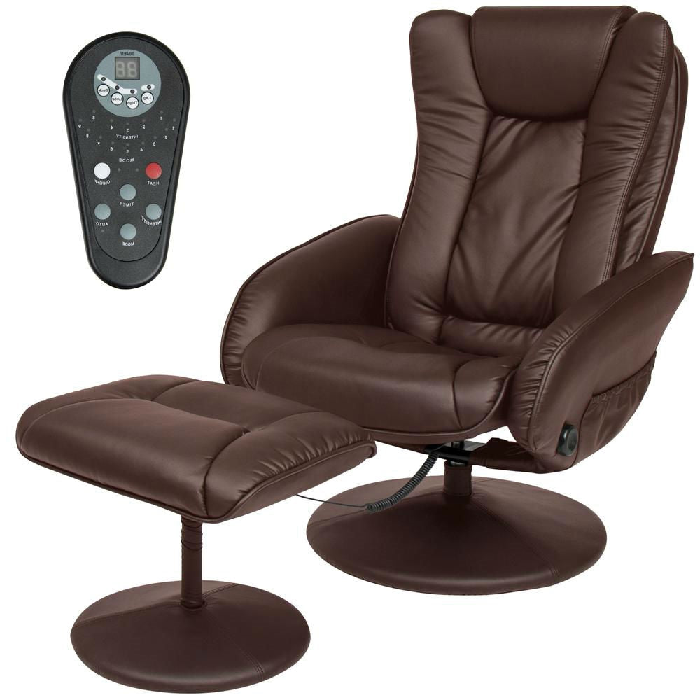 Brown Faux Leather Electric Recliner Chair w/ Ottoman