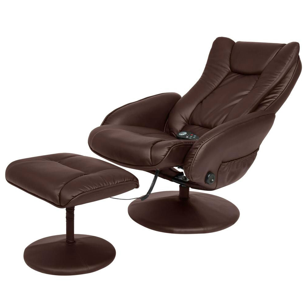 Brown Faux Leather Electric Recliner Chair w/ Ottoman
