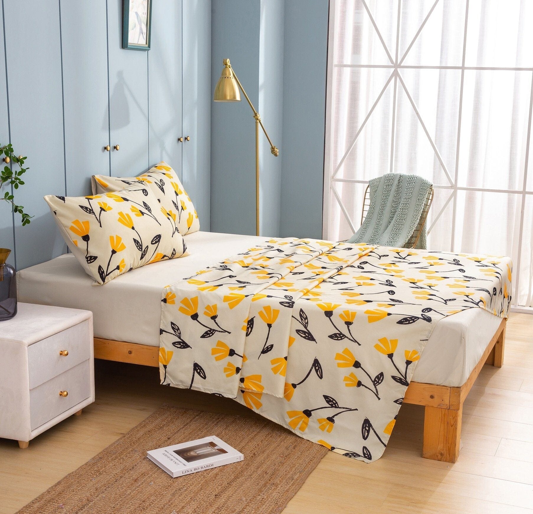 Yellow Fleur Golden Orange Floral Ivory Fitted & Flat Bed Sheets Set