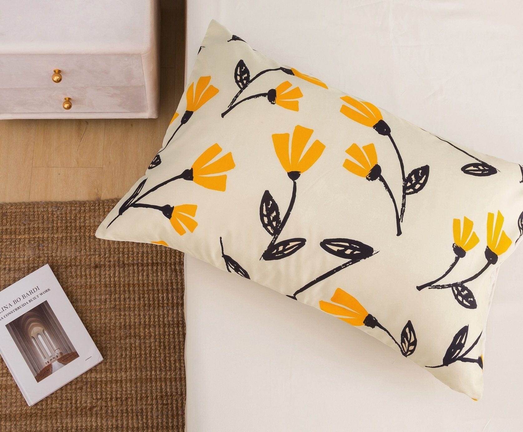 Yellow Fleur Golden Orange Floral Ivory Fitted & Flat Bed Sheets Set