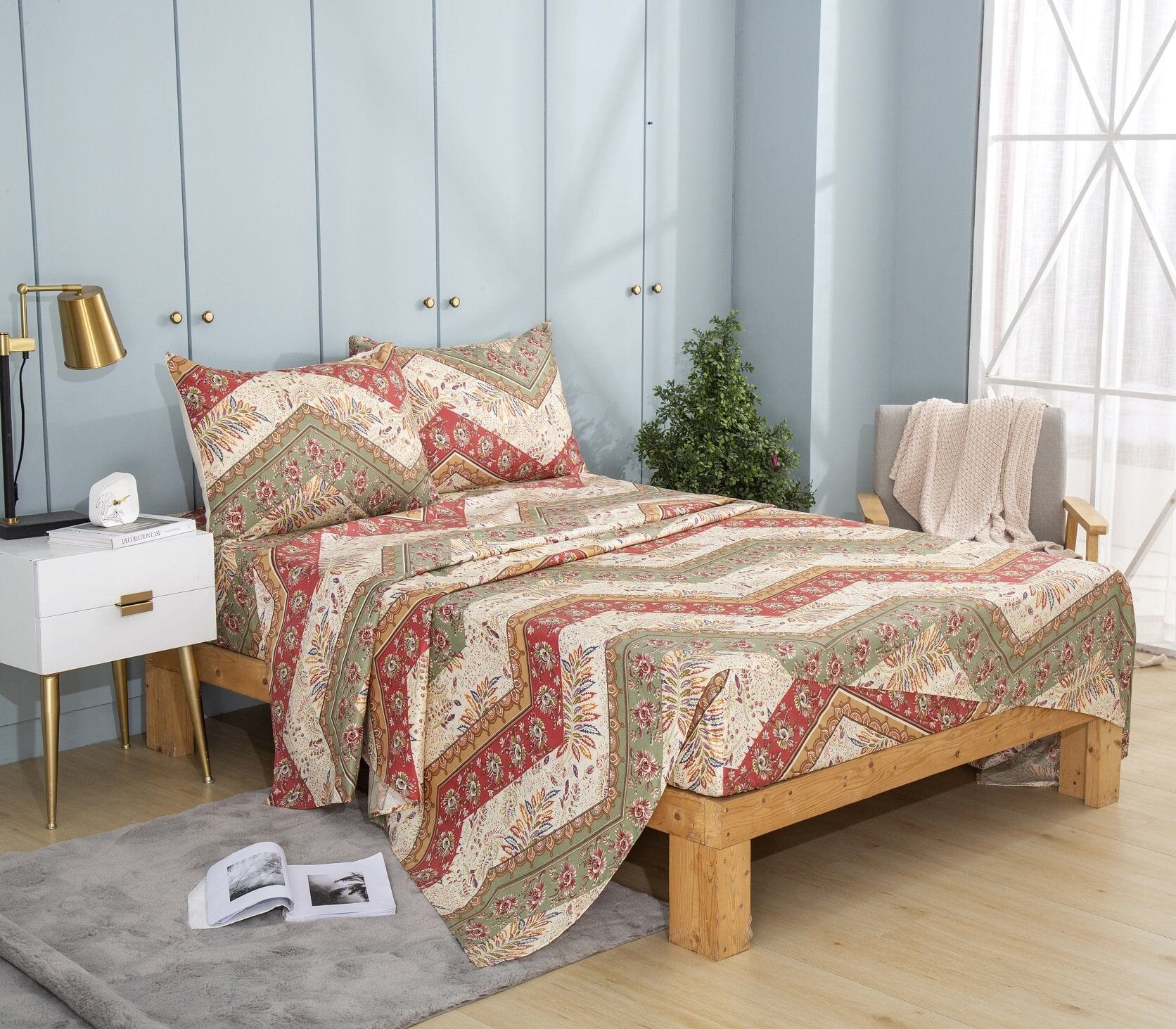 Chevron Floral Flat Bed Sheet w/ Pillowcases