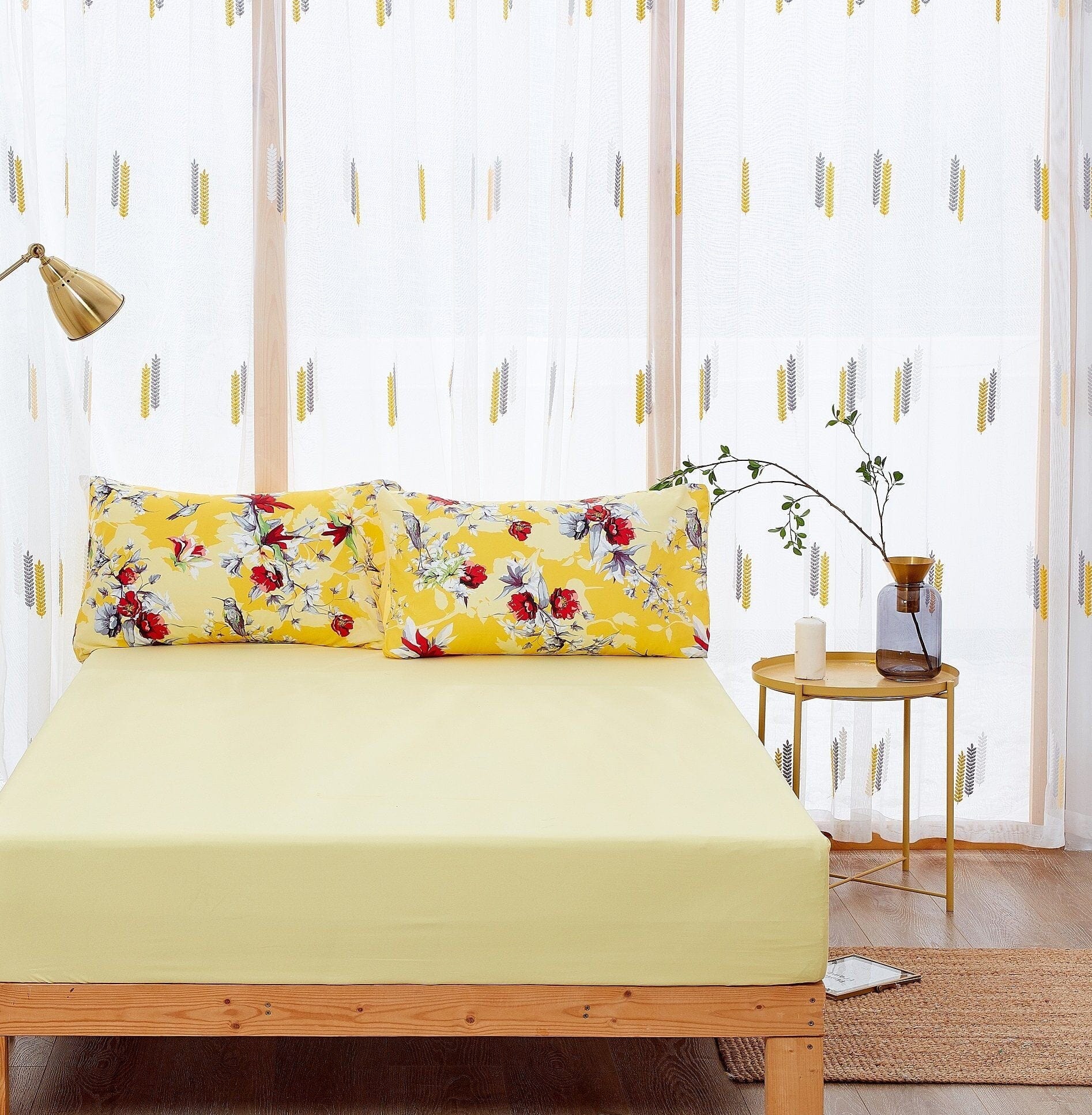Sunshine Yellow Hummingbirds Floral Duvet Cover & Fitted Flat Bed Sheets Set