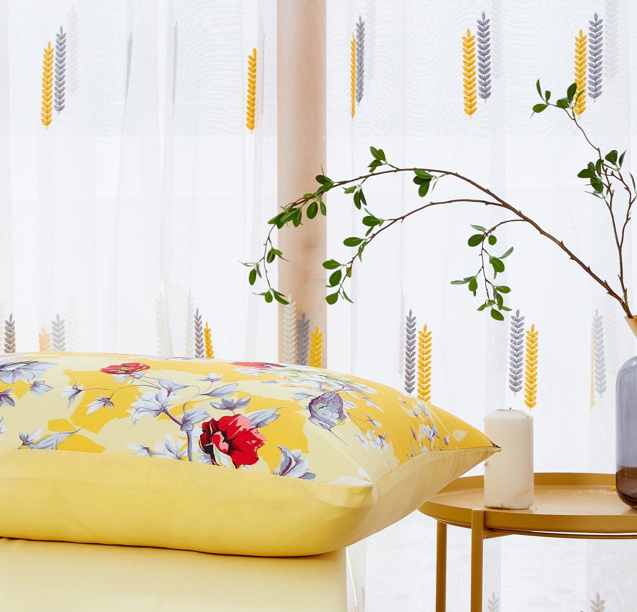 Sunshine Yellow Hummingbirds Floral Duvet Cover & Fitted Flat Bed Sheets Set