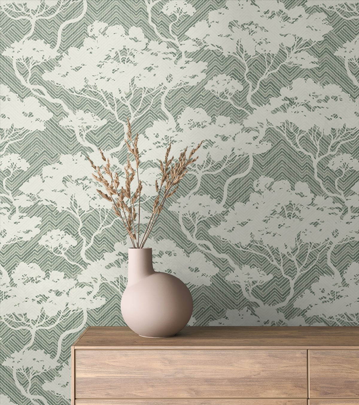 Japandi Style Nara Bonsai Botanical Stringcloth Unpasted Wallpaper