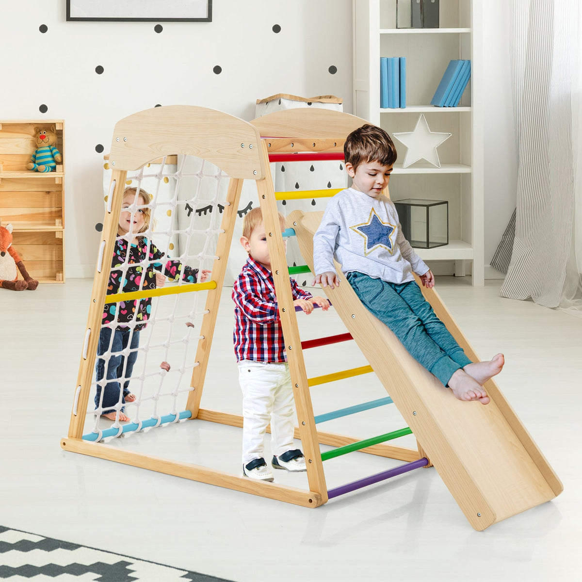 6-in-1 Wooden Indoor Jungle Gym with Double-Sided Ramp & Monkey Bars-Multicolor