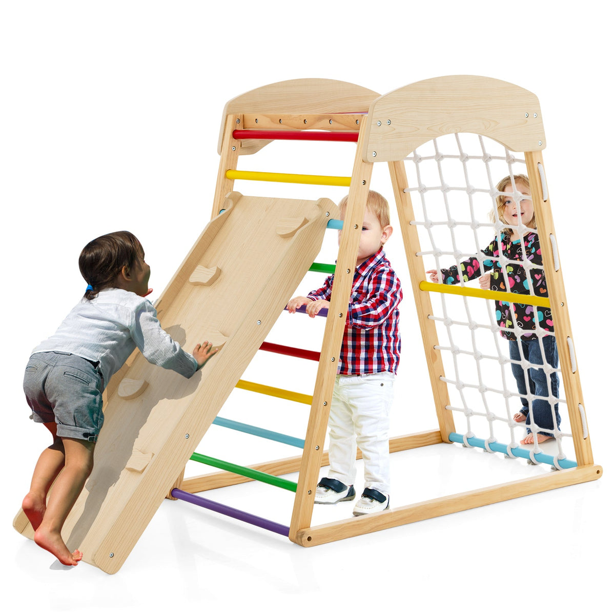 6-in-1 Wooden Indoor Jungle Gym with Double-Sided Ramp & Monkey Bars-Multicolor