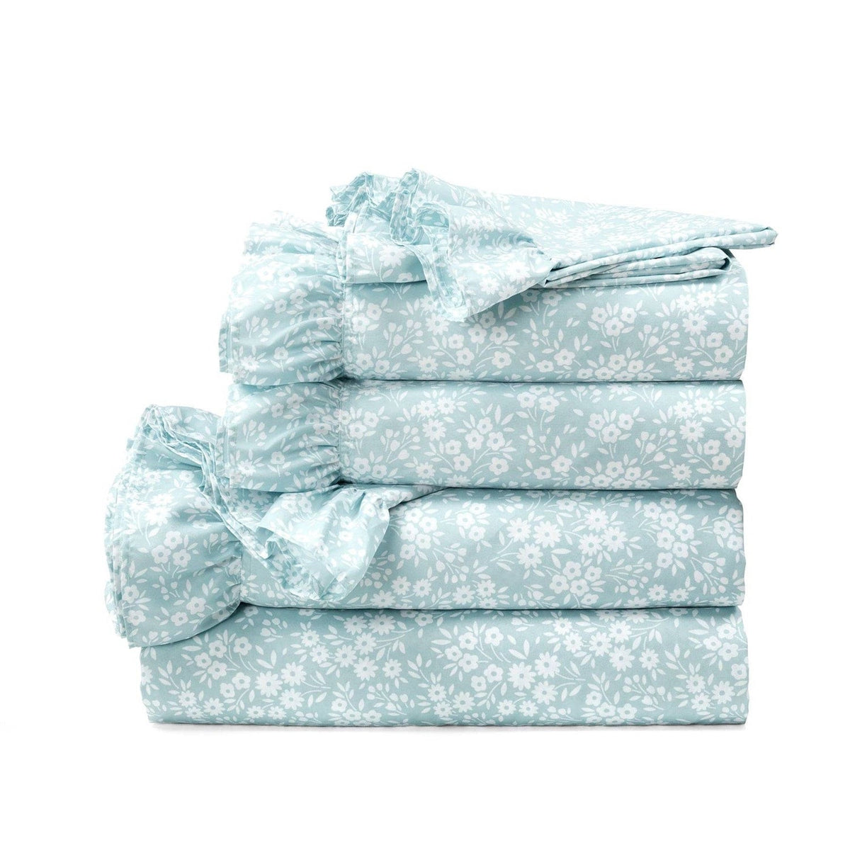 King Size, Polyester, Blue Ruffle Floral 6 Piece Sheet Set