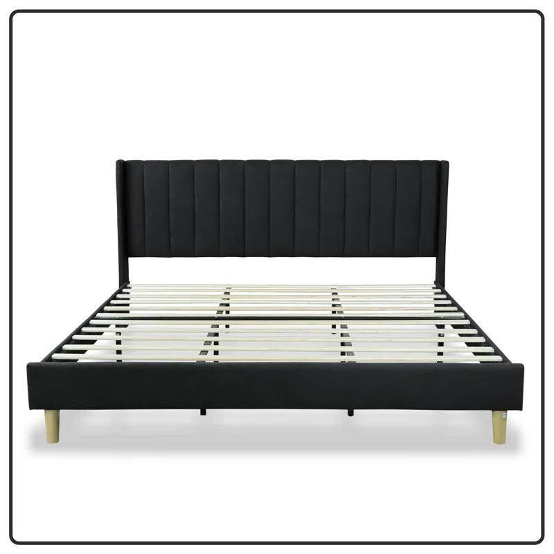 King Size Mid-Century Black Linen Platform Bed Frame with Upholstered Headboard