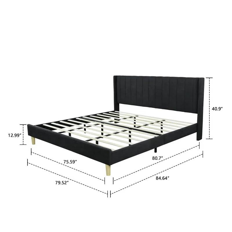 King Size Mid-Century Black Linen Platform Bed Frame with Upholstered Headboard