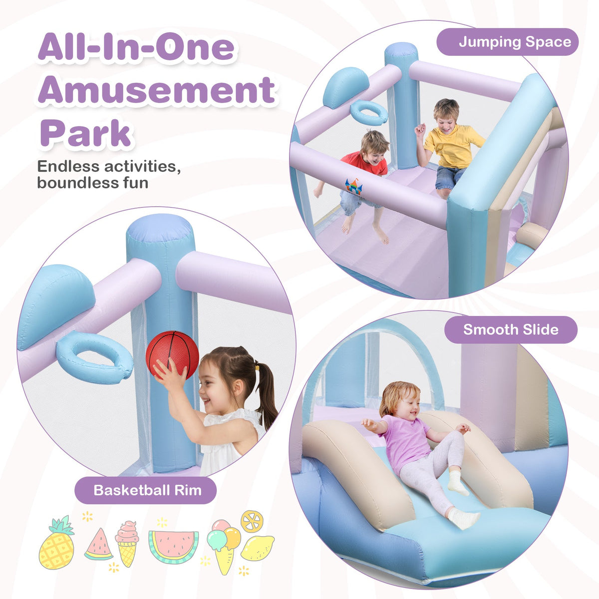 Kids Bounce House with Slide and Basketball Rim Bouncy Castle for Party without Blower