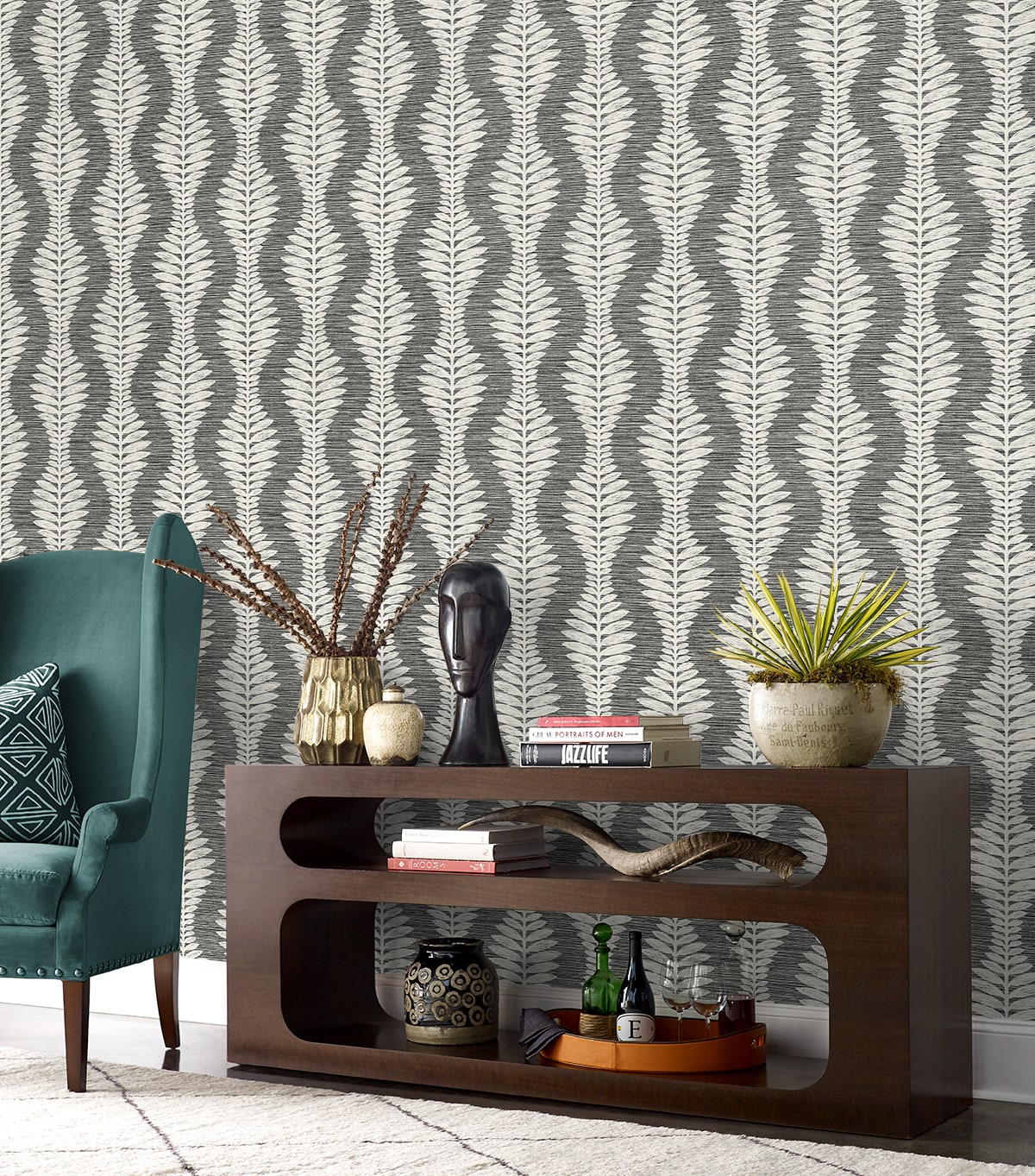 Carina Leaf Ogee Embossed Vinyl Unpasted Wallpaper