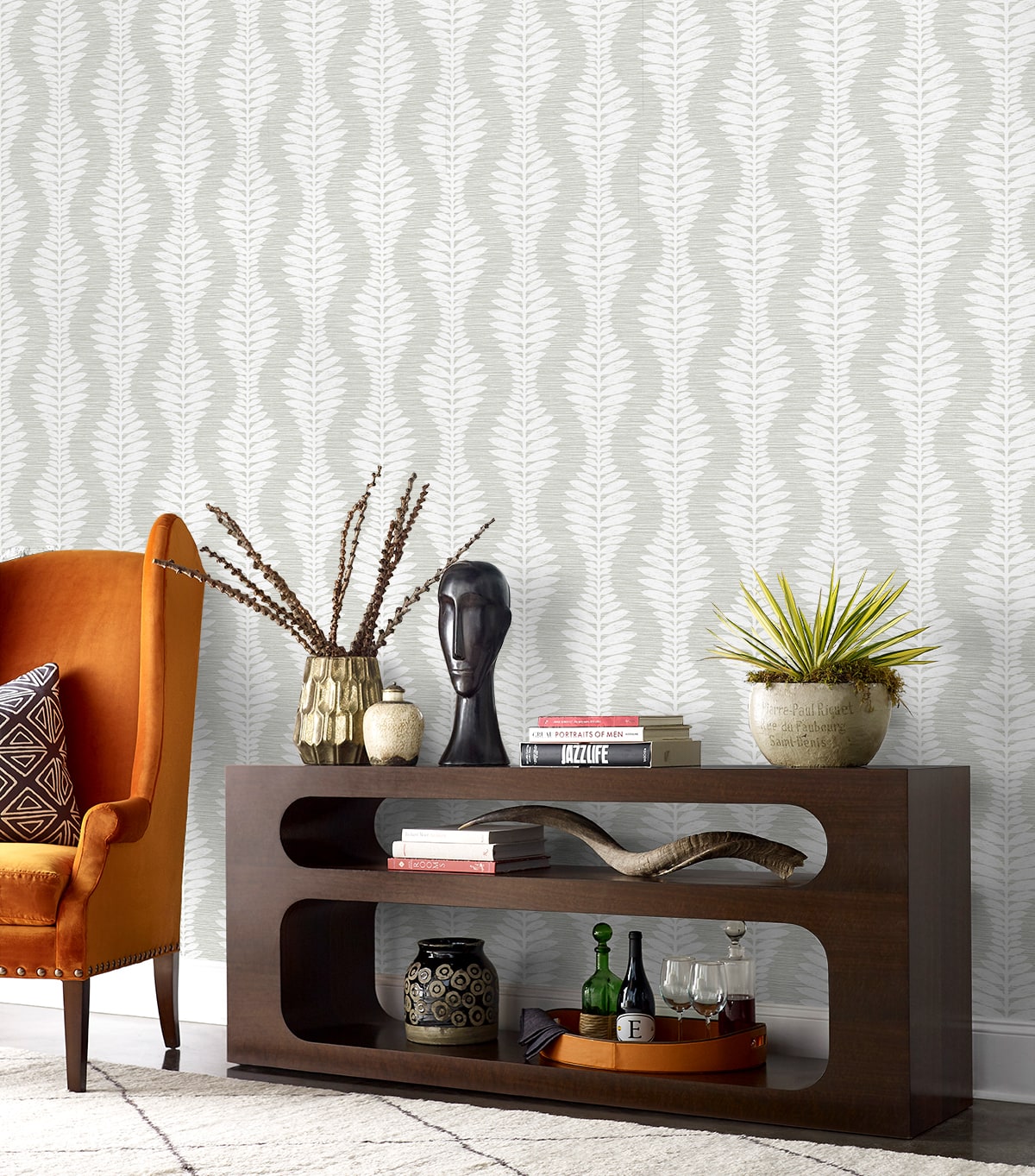 Carina Leaf Ogee Embossed Vinyl Unpasted Wallpaper