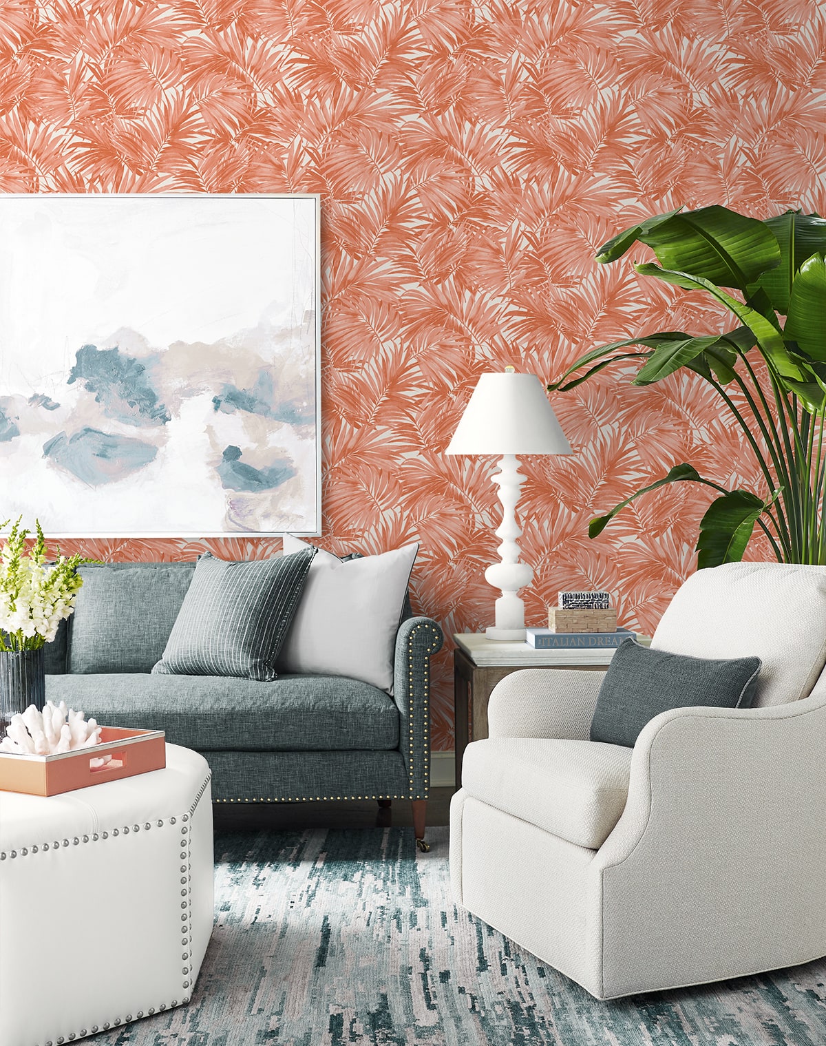Cordelia Tossed Palms Embossed Vinyl Unpasted Wallpaper