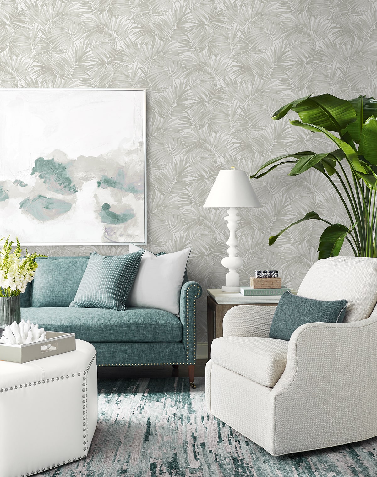 Cordelia Tossed Palms Embossed Vinyl Unpasted Wallpaper