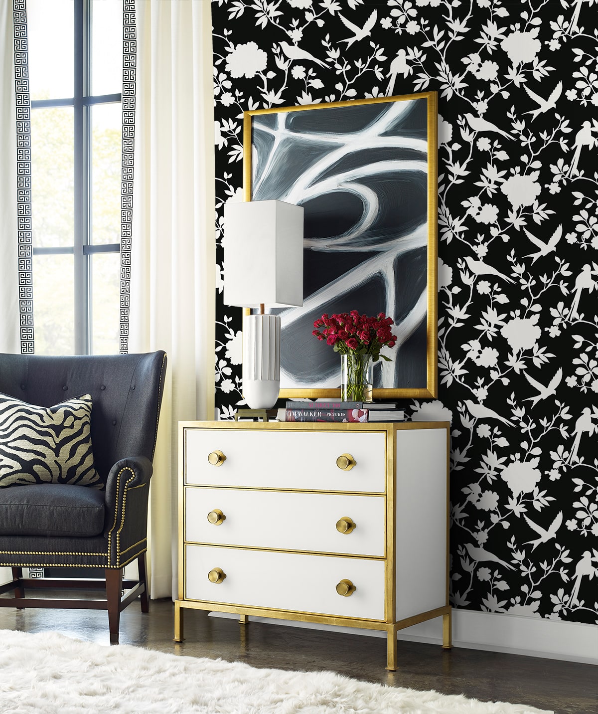 Kauai Bird Toile Embossed Vinyl Unpasted Wallpaper