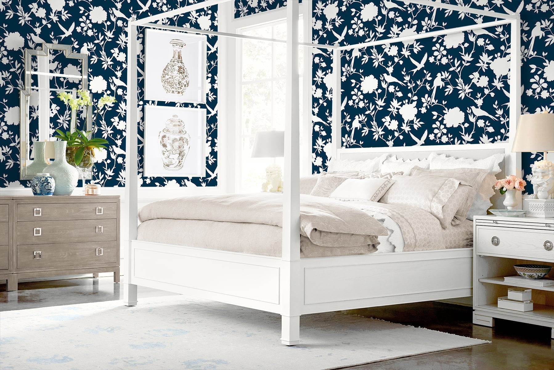 Kauai Bird Toile Embossed Vinyl Unpasted Wallpaper