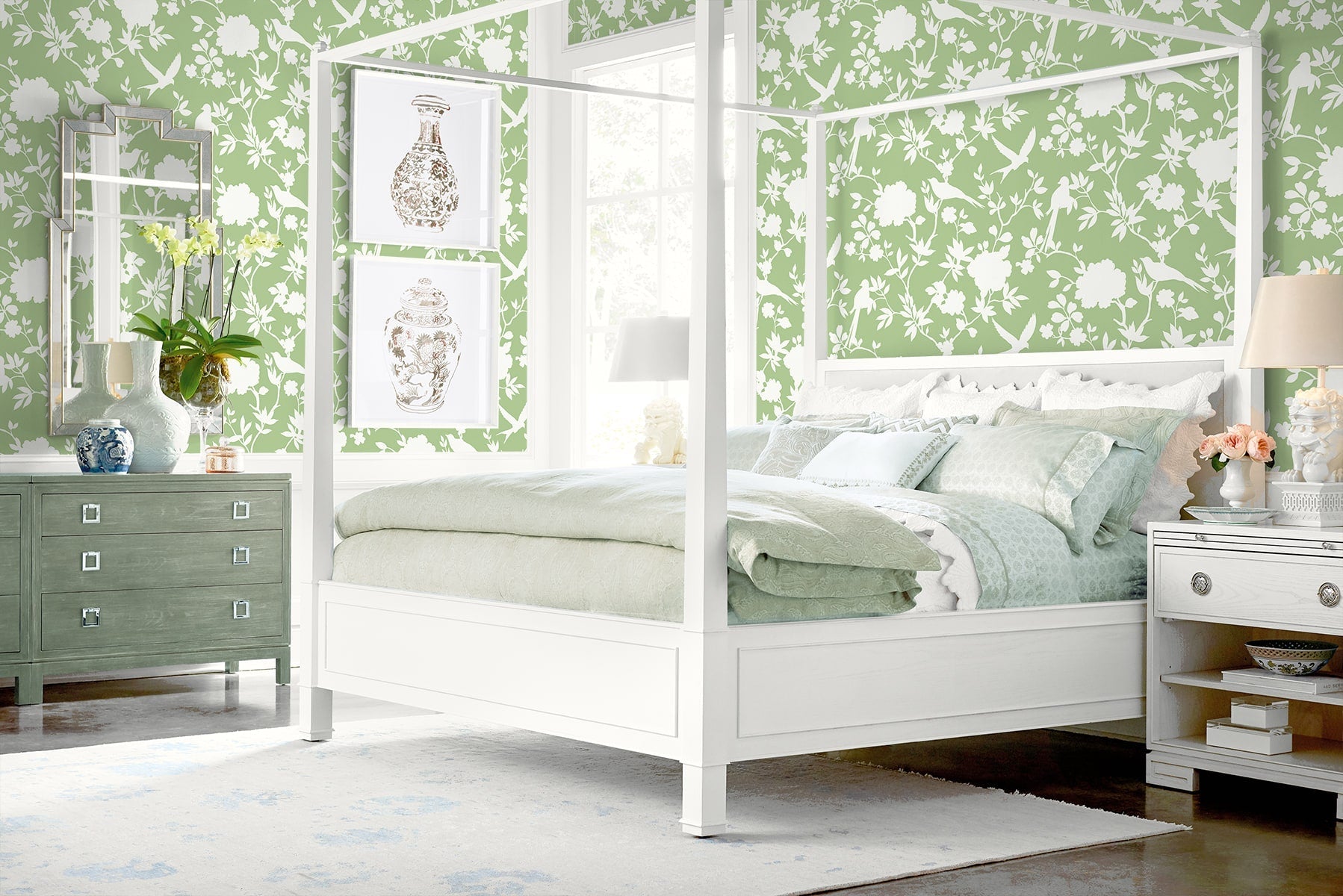 Kauai Bird Toile Embossed Vinyl Unpasted Wallpaper