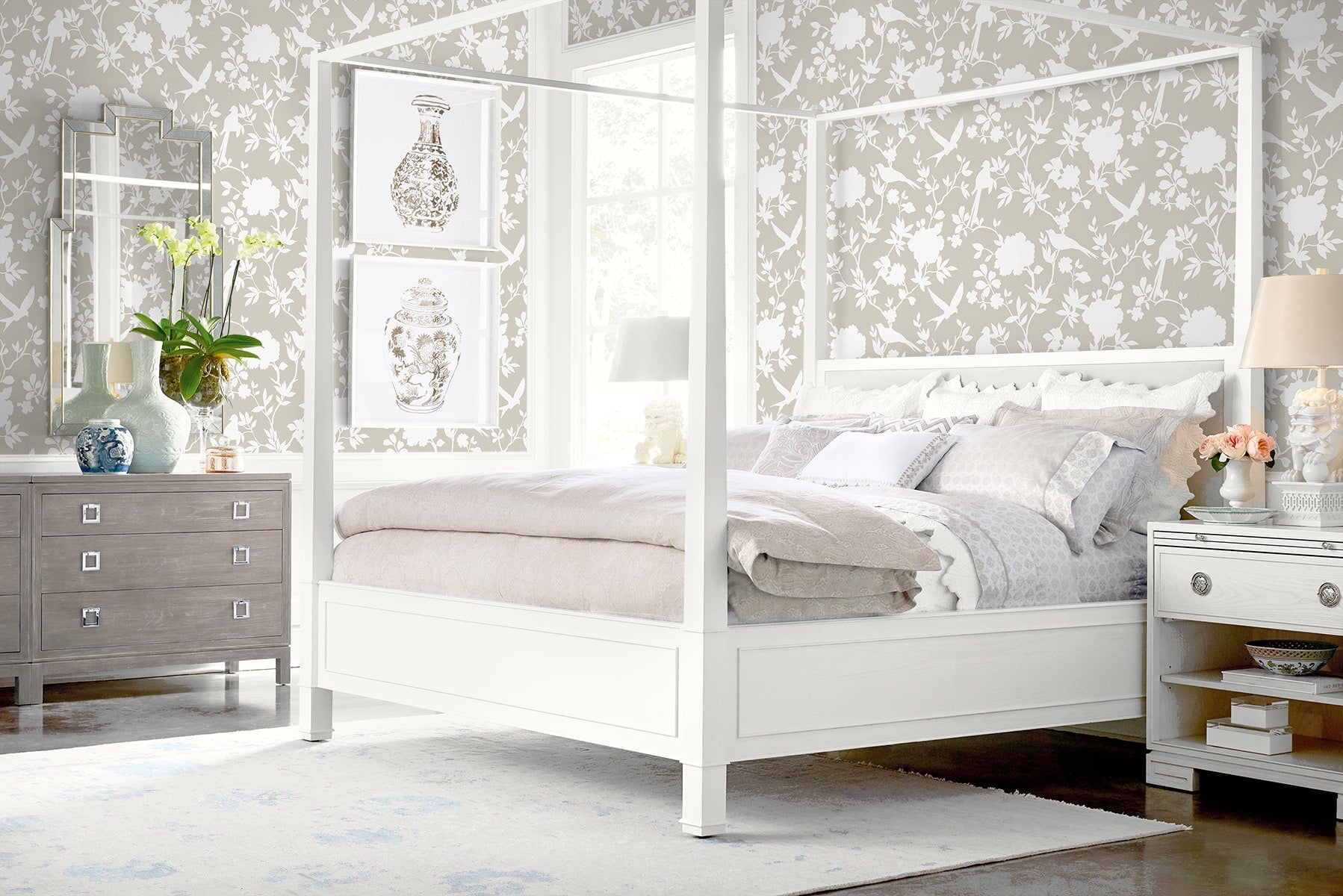 Kauai Bird Toile Embossed Vinyl Unpasted Wallpaper