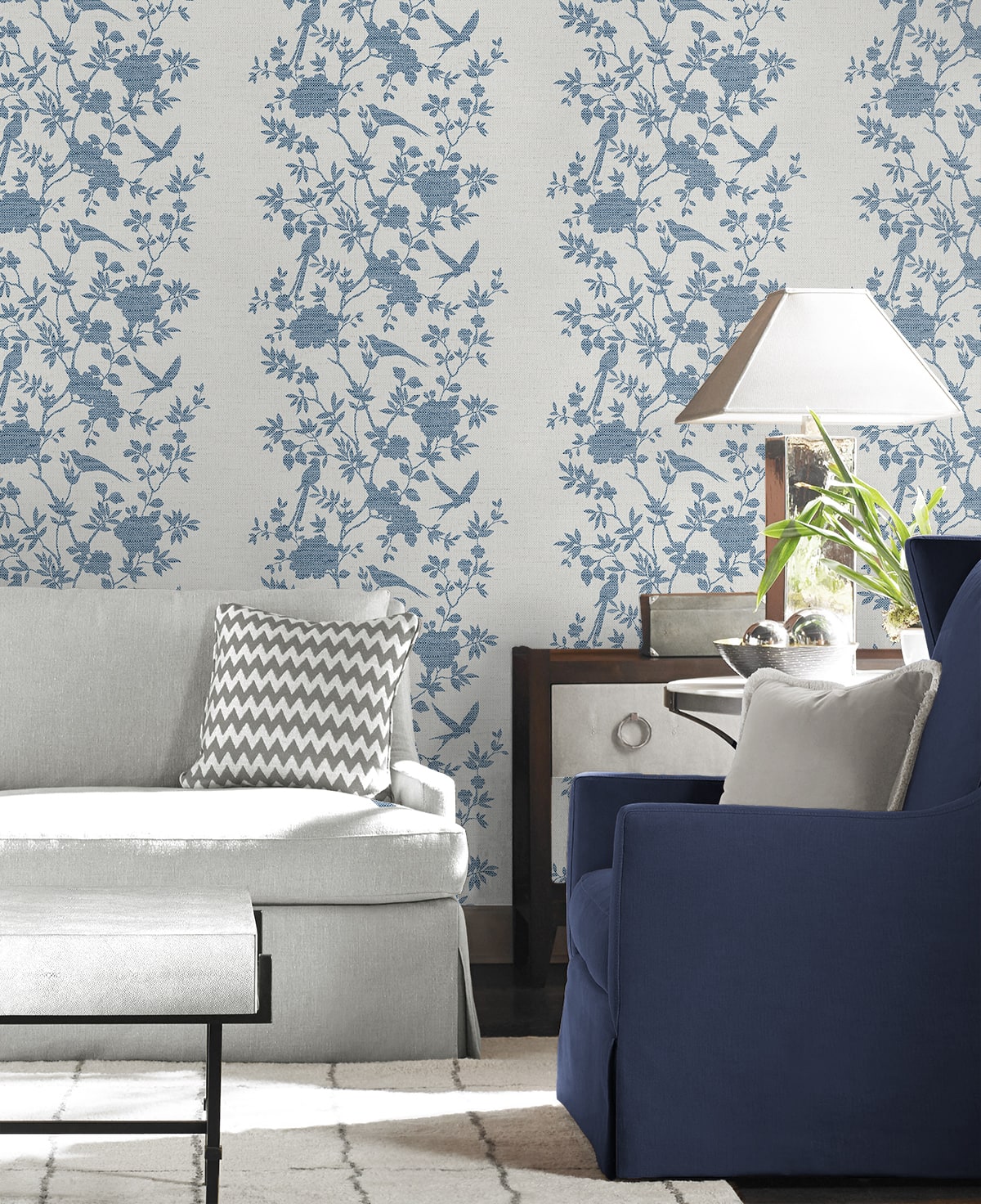 Aloha Bird Trail Chinoiserie Embossed Vinyl Unpasted Wallpaper