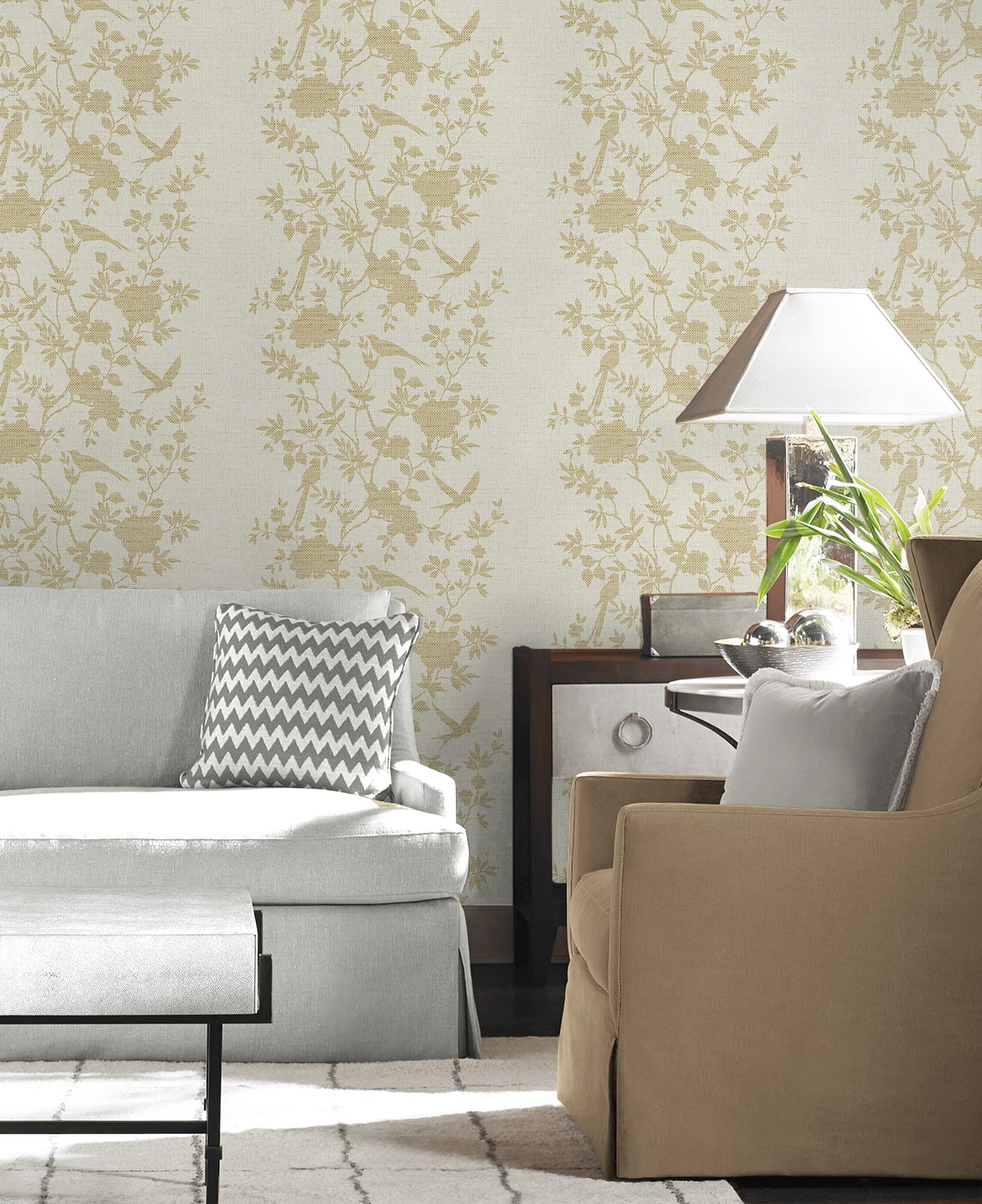 Aloha Bird Trail Chinoiserie Embossed Vinyl Unpasted Wallpaper