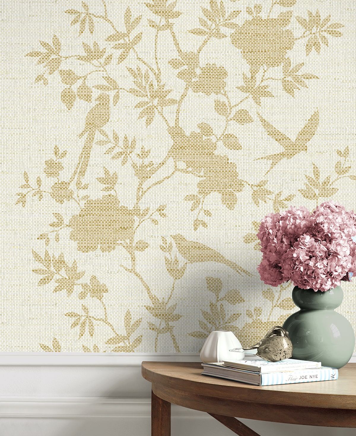 Aloha Bird Trail Chinoiserie Embossed Vinyl Unpasted Wallpaper