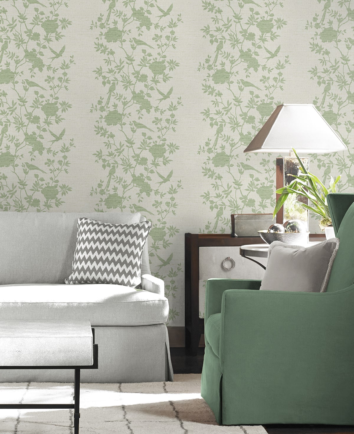 Aloha Bird Trail Chinoiserie Embossed Vinyl Unpasted Wallpaper