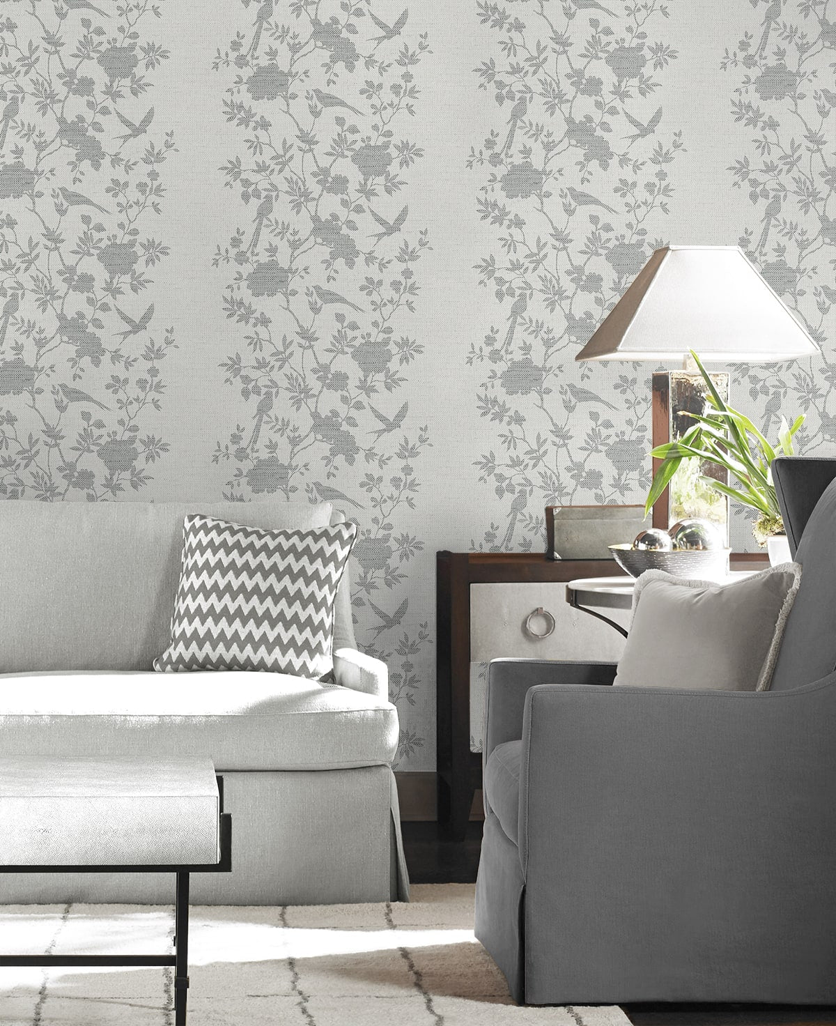Aloha Bird Trail Chinoiserie Embossed Vinyl Unpasted Wallpaper