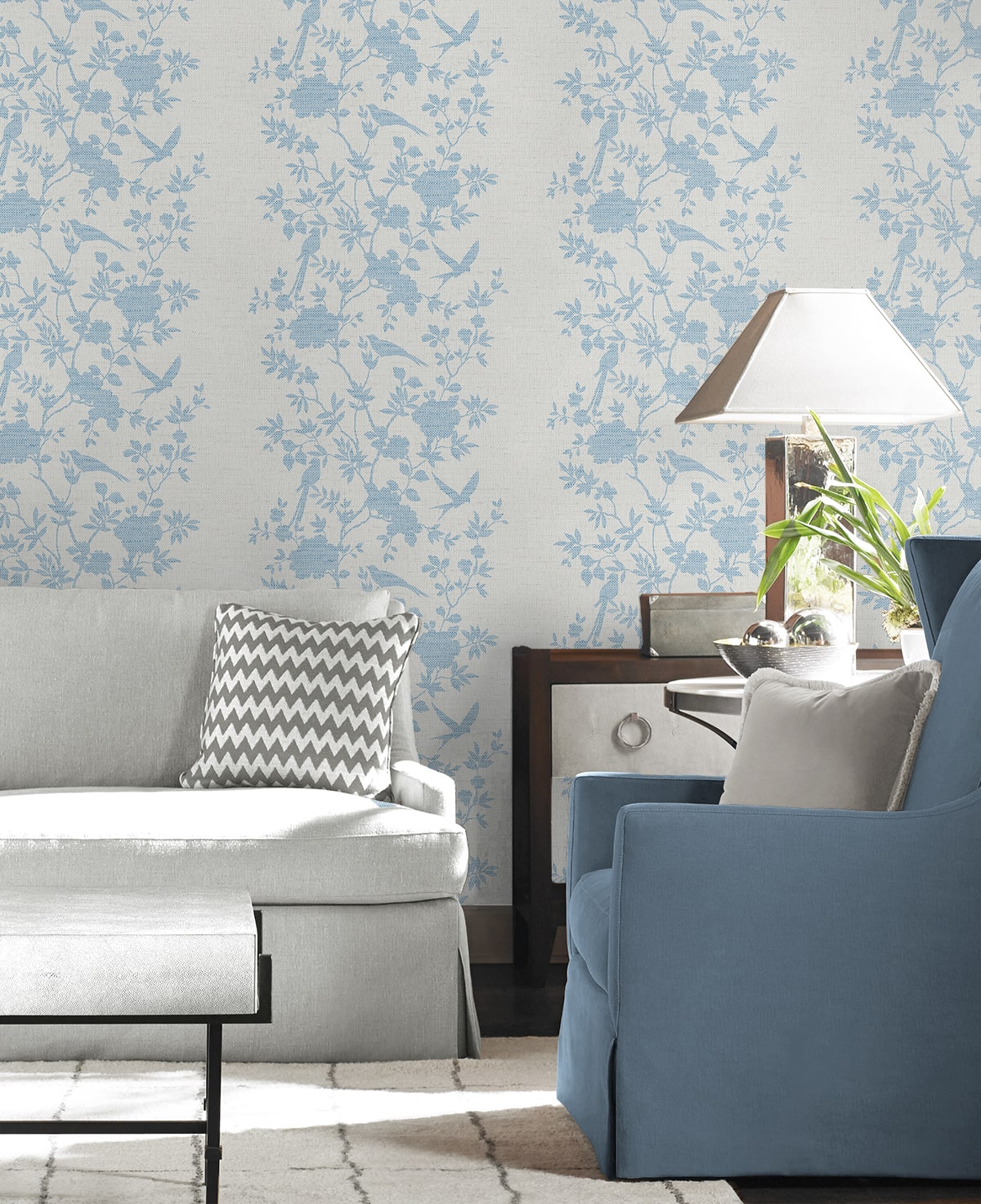 Aloha Bird Trail Chinoiserie Embossed Vinyl Unpasted Wallpaper