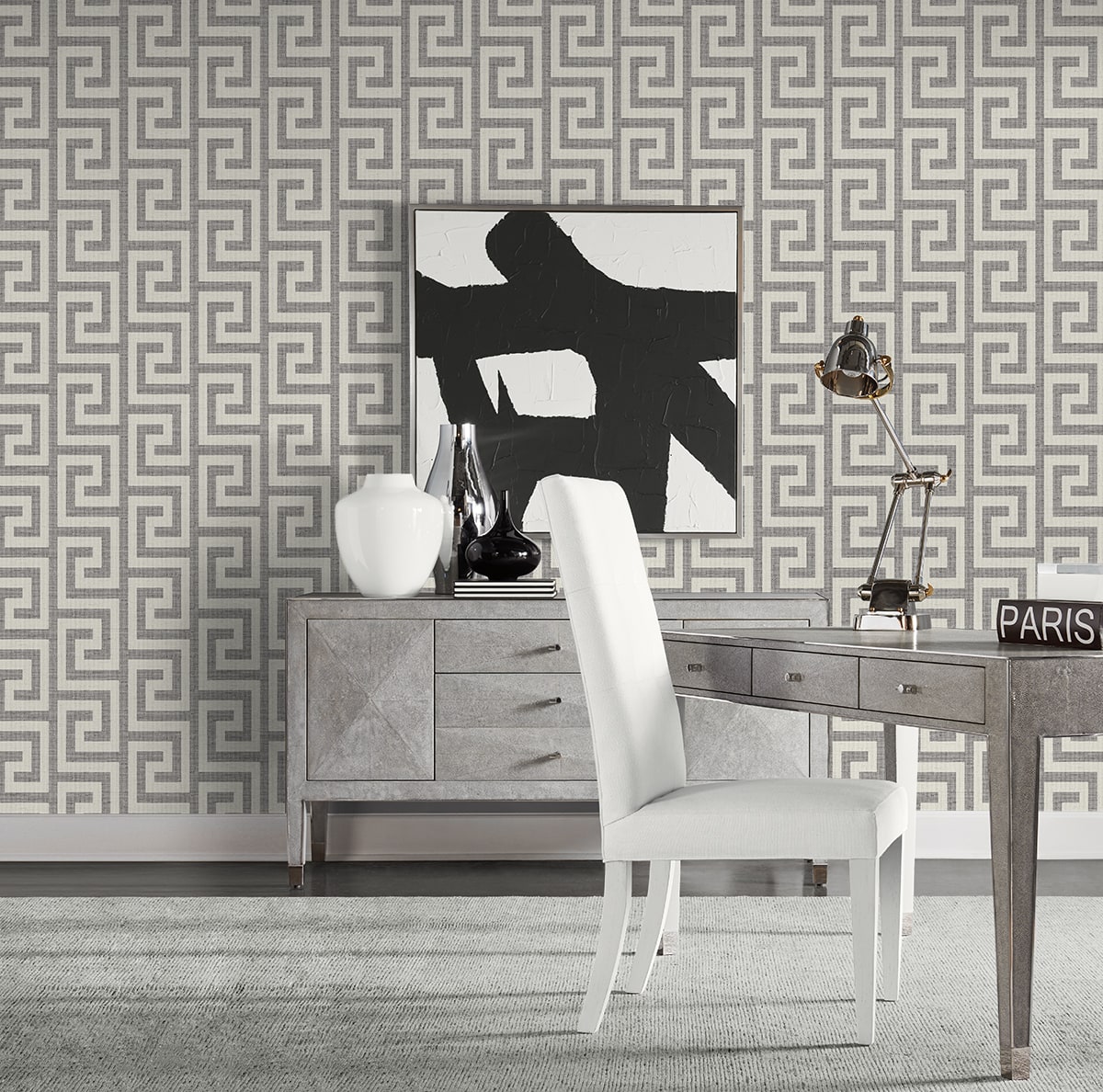 Luna Retreat Greek Key Embossed Vinyl Unpasted Wallpaper
