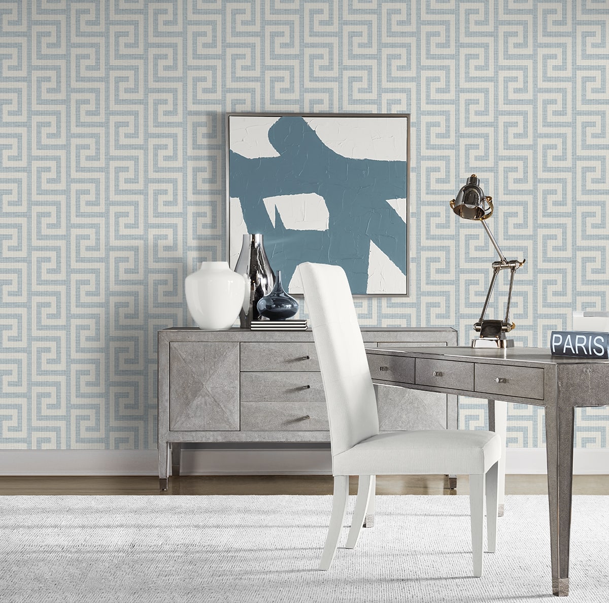Luna Retreat Greek Key Embossed Vinyl Unpasted Wallpaper