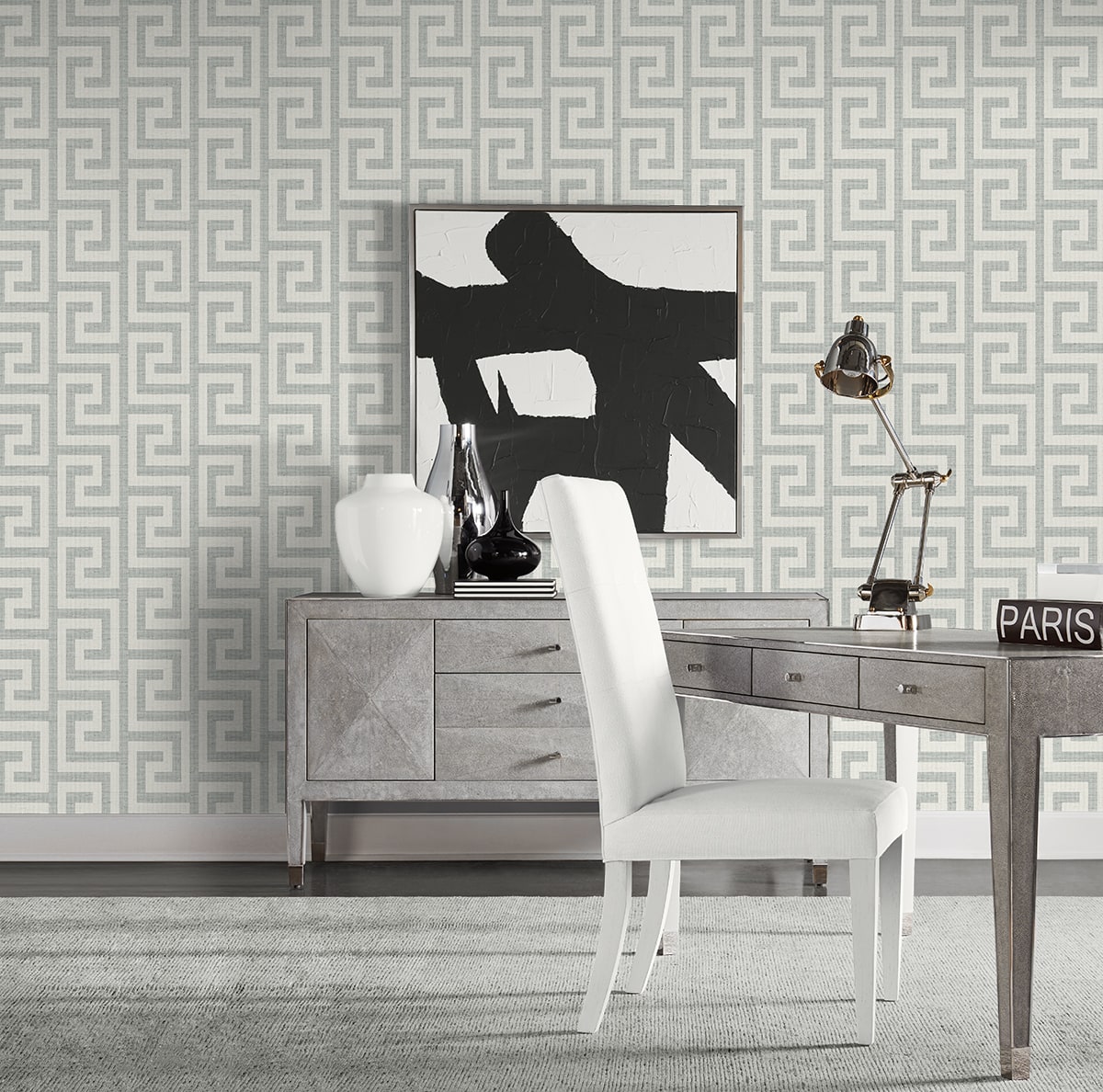 Luna Retreat Greek Key Embossed Vinyl Unpasted Wallpaper